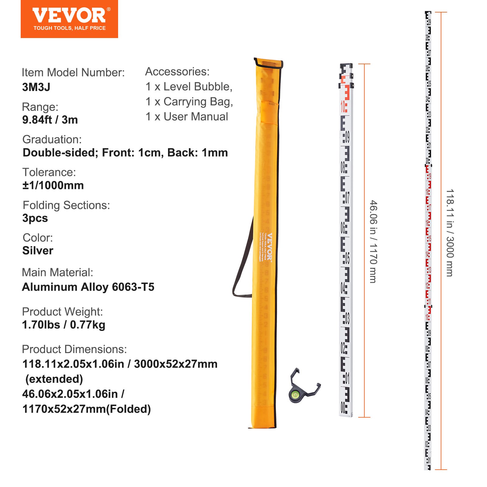 VEVOR Aluminum Grade Rod, 3M Metric Telescopic Measuring Rod, Double-Sided Scale in CM/MM Leveling Rod Stick,Aluminum Alloy Survey Rod with Bubble Level &Carrying Bag for Measuring Houses,Walls,Floor