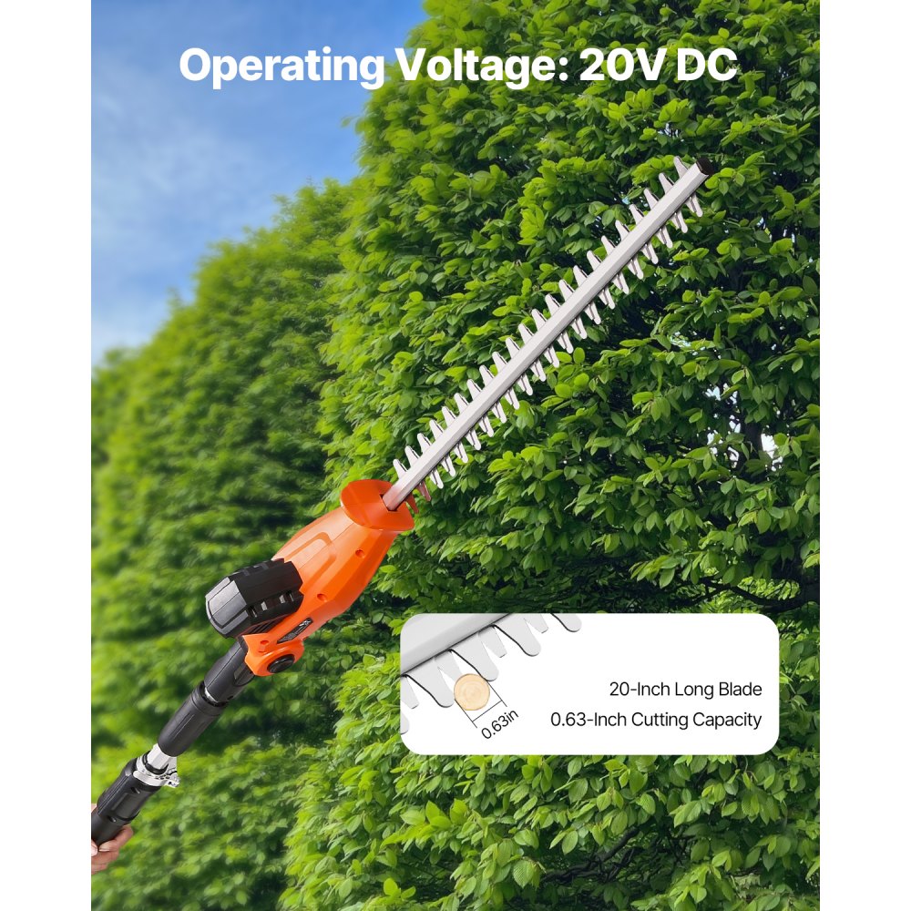 VEVOR Electric Hedge Trimmer, 1200 RPM, 6.2 - 7.8 Ft Extendable, Pole Hedge Trimmer for High Branch, 20V Battery, Cordless Hedge Trimmer with 20 in Blade, 5 Angles Adjustable for Yard Garden