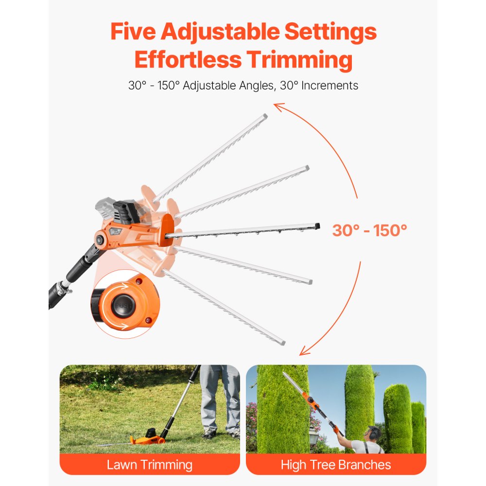 VEVOR Electric Hedge Trimmer, 1200 RPM, 6.2 - 7.8 Ft Extendable, Pole Hedge Trimmer for High Branch, 20V Battery, Cordless Hedge Trimmer with 20 in Blade, 5 Angles Adjustable for Yard Garden