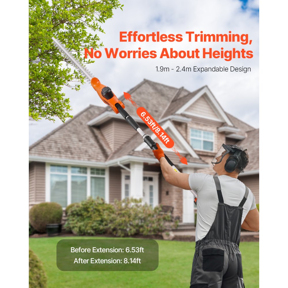 VEVOR Electric Hedge Trimmer, 1200 RPM, 6.2 - 7.8 Ft Extendable, Pole Hedge Trimmer for High Branch, 20V Battery, Cordless Hedge Trimmer with 20 in Blade, 5 Angles Adjustable for Yard Garden