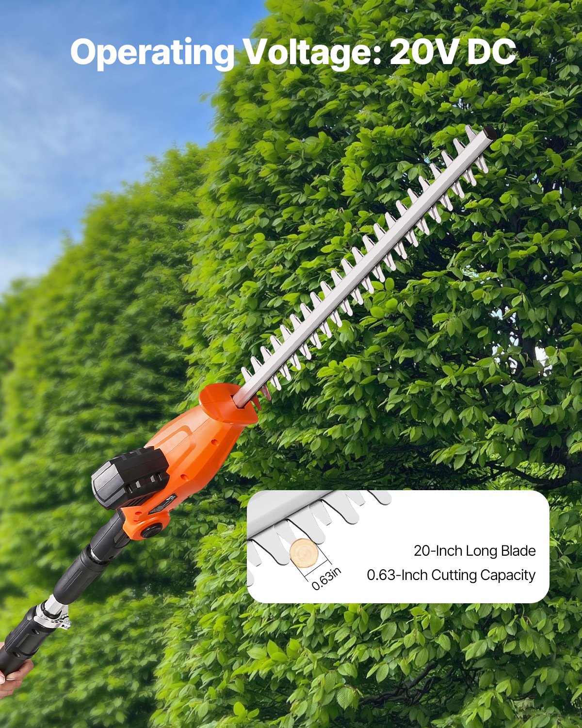 VEVOR Electric Hedge Trimmer, 1200 RPM, 6.2 - 7.8 Ft Extendable, Pole Hedge Trimmer for High Branch, 20V Battery, Cordless Hedge Trimmer with 20 in Blade, 5 Angles Adjustable for Yard Garden