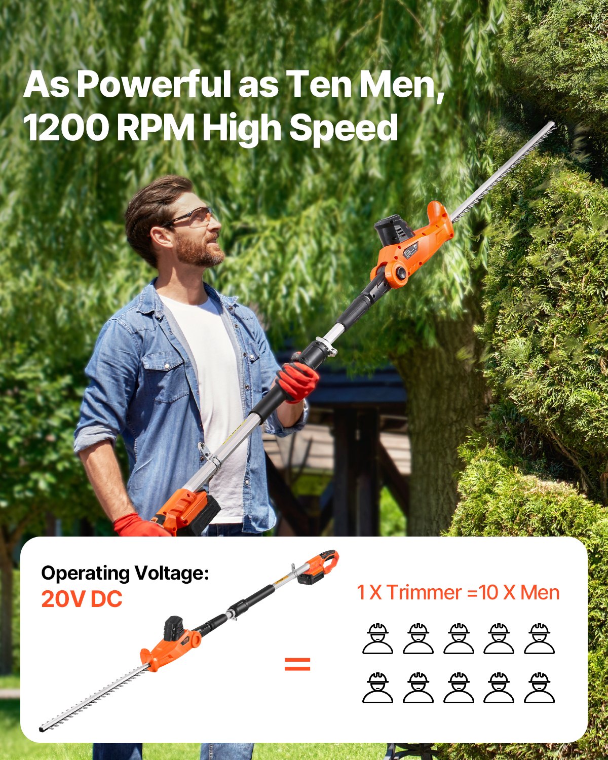 VEVOR Electric Hedge Trimmer, 1200 RPM, 6.2 - 7.8 Ft Extendable, Pole Hedge Trimmer for High Branch, 20V Battery, Cordless Hedge Trimmer with 20 in Blade, 5 Angles Adjustable for Yard Garden