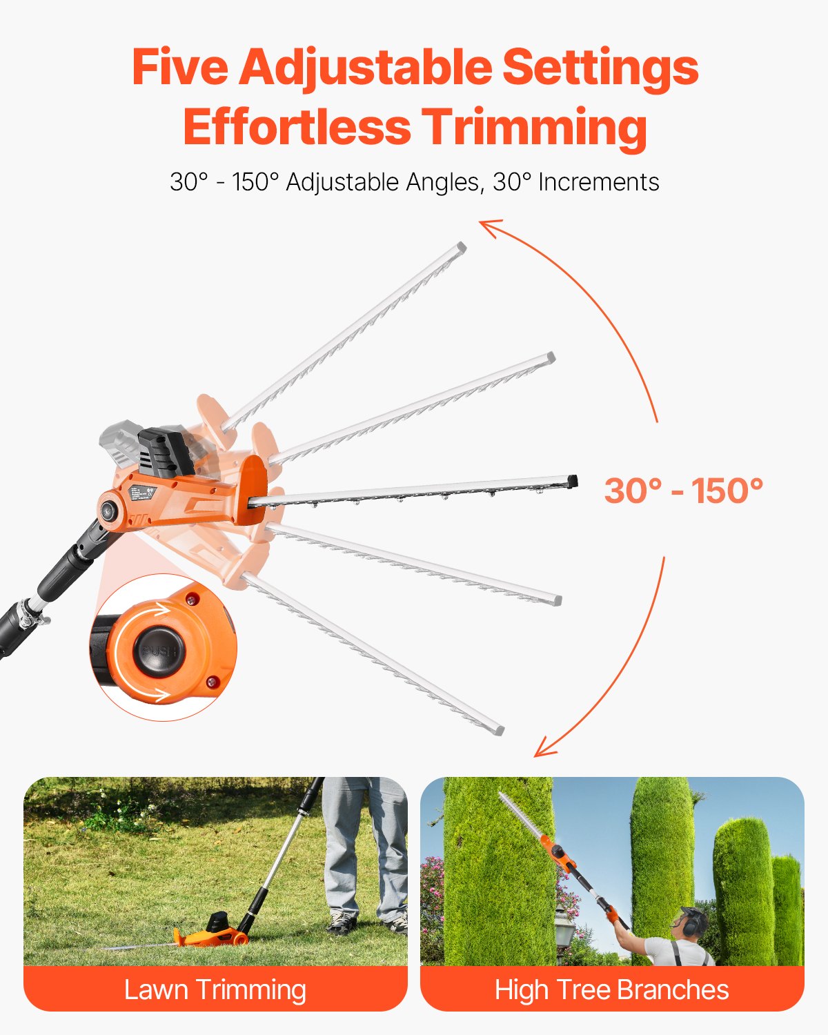 VEVOR Electric Hedge Trimmer, 1200 RPM, 6.2 - 7.8 Ft Extendable, Pole Hedge Trimmer for High Branch, 20V Battery, Cordless Hedge Trimmer with 20 in Blade, 5 Angles Adjustable for Yard Garden