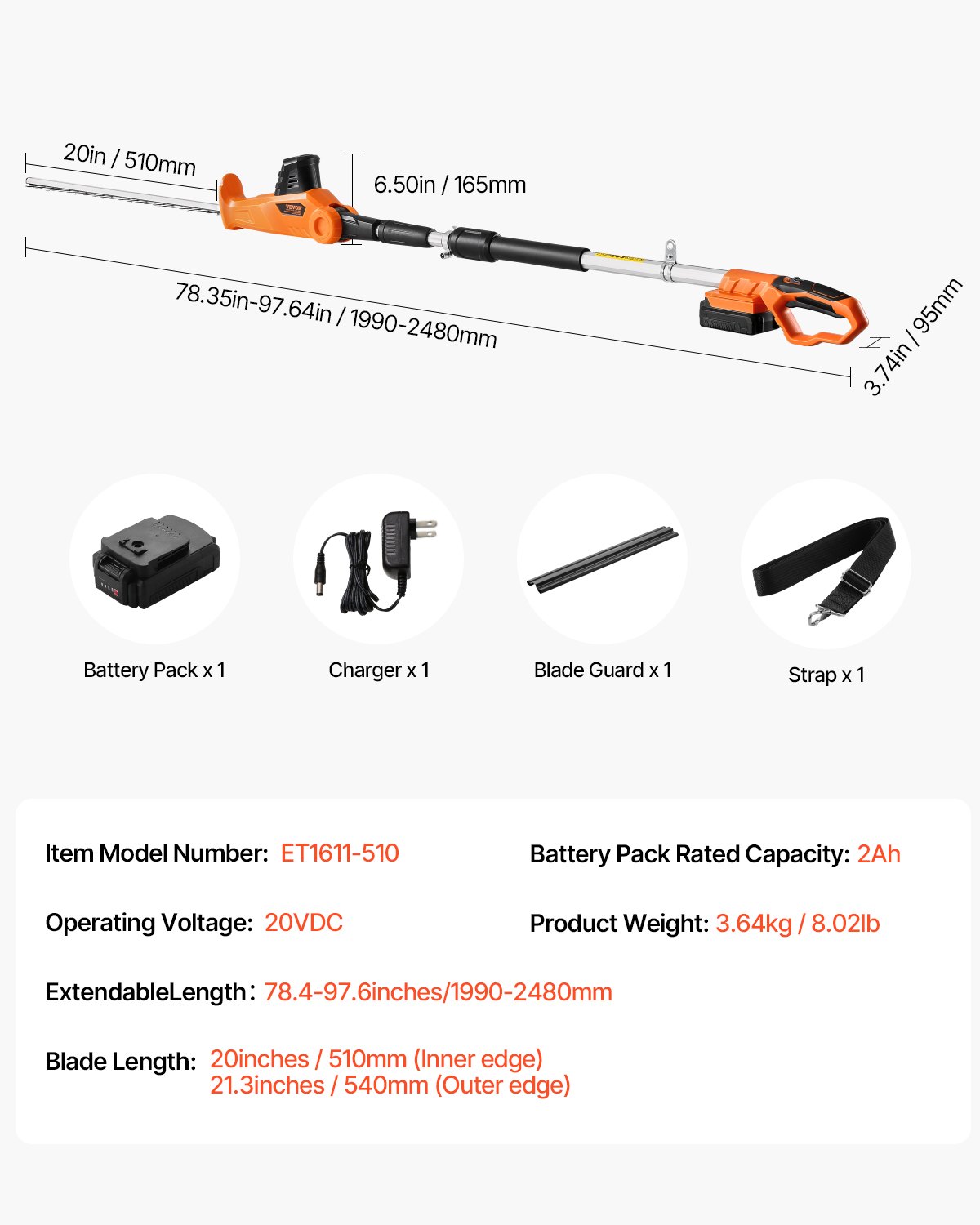 VEVOR Electric Hedge Trimmer, 1200 RPM, 6.2 - 7.8 Ft Extendable, Pole Hedge Trimmer for High Branch, 20V Battery, Cordless Hedge Trimmer with 20 in Blade, 5 Angles Adjustable for Yard Garden