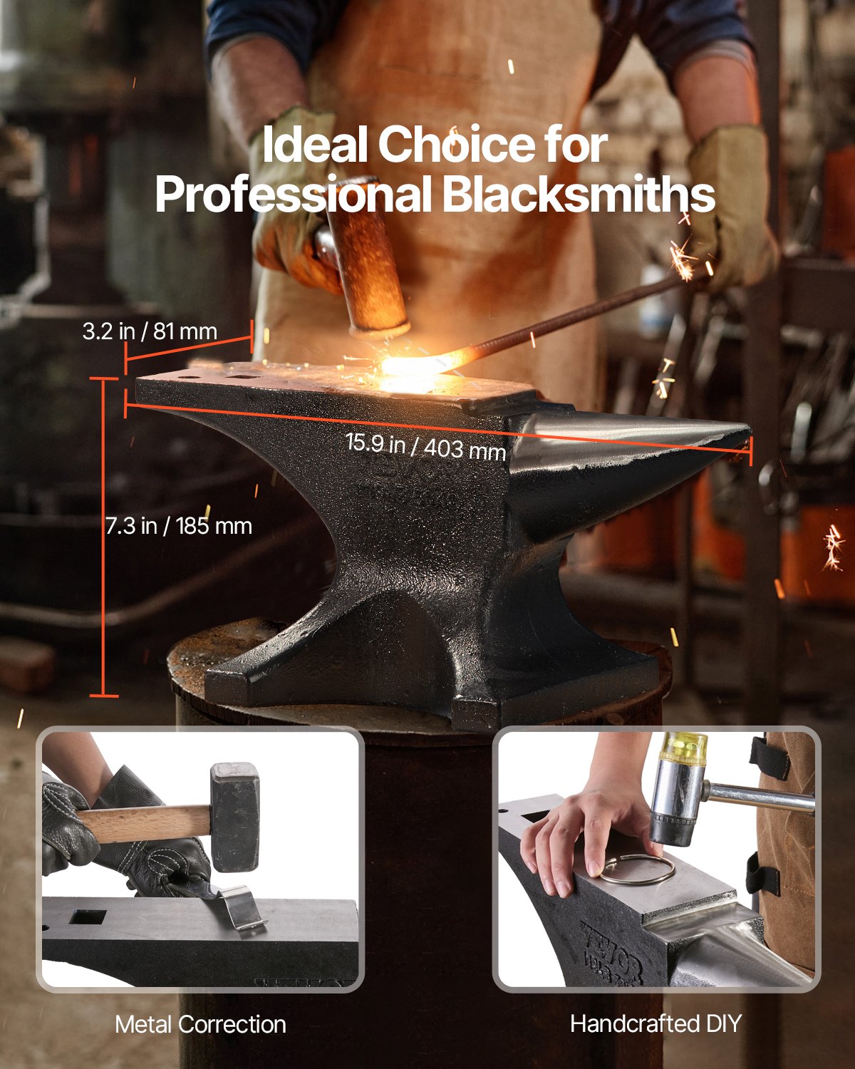 VEVOR Single Horn Anvil, 55lbs Cast Steel Anvil, High Hardness Rugged Round Horn Anvil for Blacksmiths, with Large Countertop and Stable Base, Metal Working Tool for Metal Bending, Shaping, Twisting