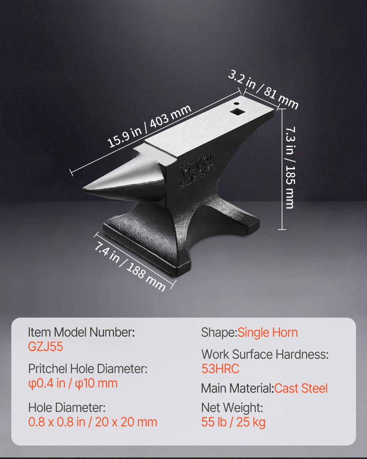 VEVOR Single Horn Anvil, 55lbs Cast Steel Anvil, High Hardness Rugged Round Horn Anvil for Blacksmiths, with Large Countertop and Stable Base, Metal Working Tool for Metal Bending, Shaping, Twisting
