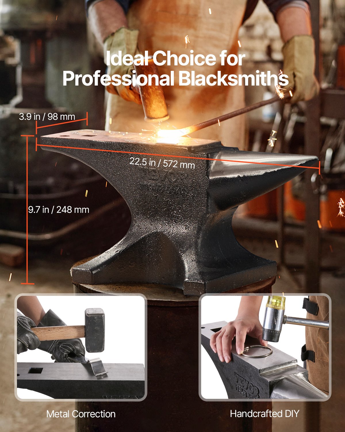 VEVOR Single Horn Anvil, 50kg Cast Steel Anvil, High Hardness Rugged Round Horn Anvil for Blacksmiths, with Large Countertop and Stable Base, Metal Working Tool for Metal Bending, Shaping, Twisting
