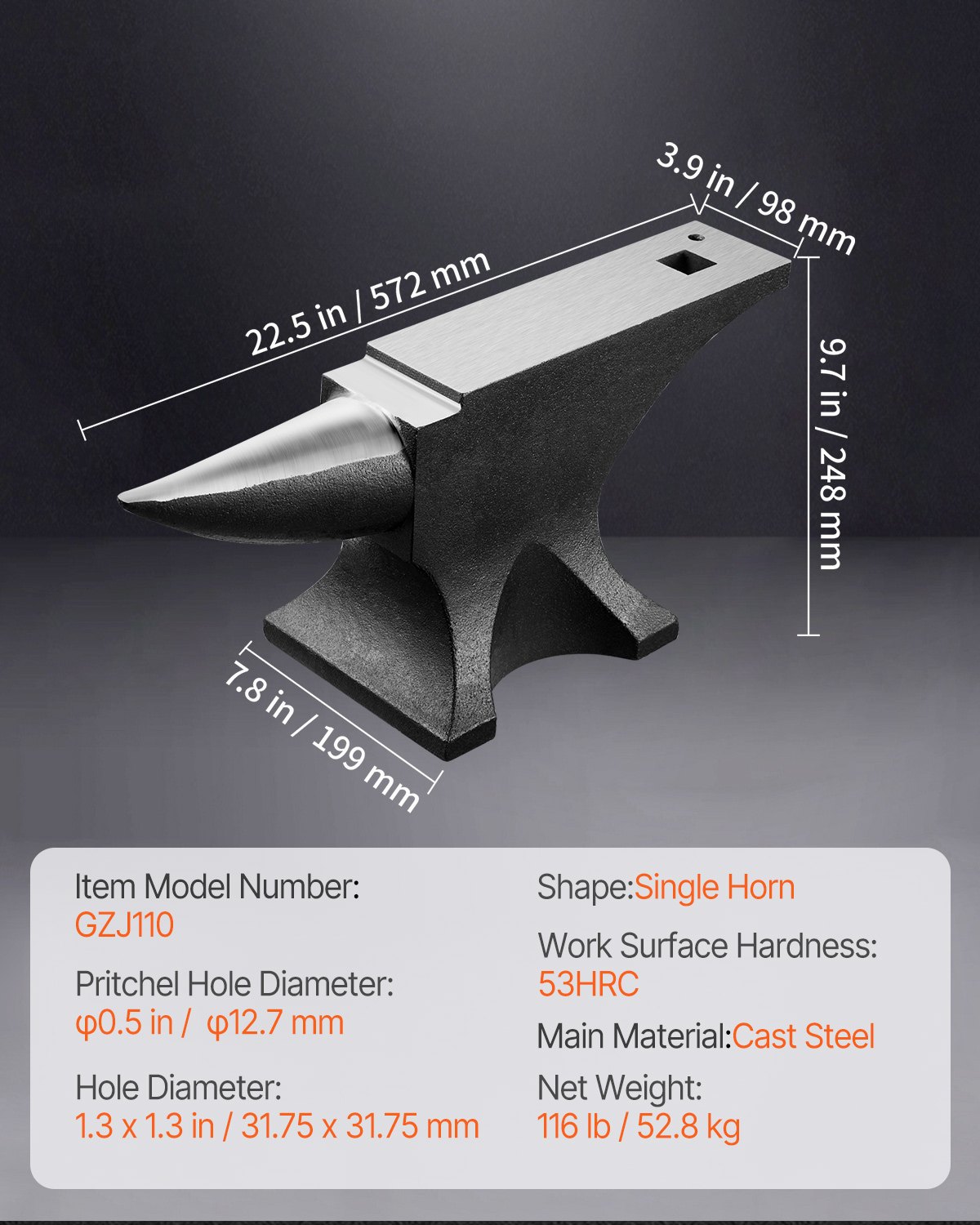 VEVOR Single Horn Anvil, 50kg Cast Steel Anvil, High Hardness Rugged Round Horn Anvil for Blacksmiths, with Large Countertop and Stable Base, Metal Working Tool for Metal Bending, Shaping, Twisting