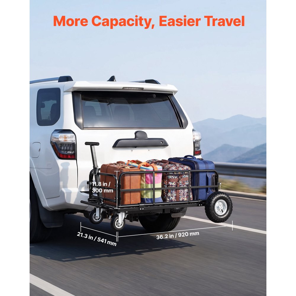 VEVOR Hitch Mount Cargo Carrier on Wheels, 920 x 541 x 300 mm, 2-in-1 Folding Rear Luggage Rack Basket & Cargo Cart with Hitch Stabilizer, Fits 2" Receiver for SUV Pickups, 181KG Load Capacity