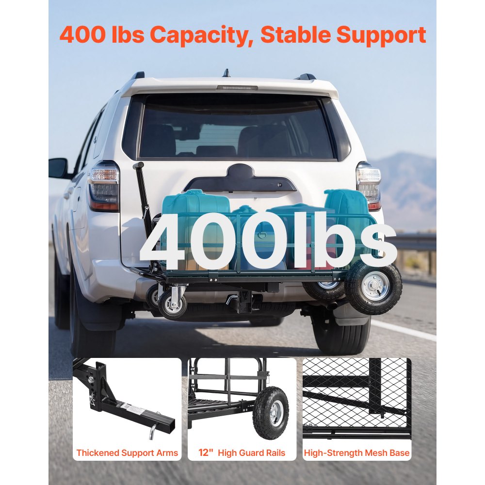 VEVOR Hitch Mount Cargo Carrier on Wheels, 920 x 541 x 300 mm, 2-in-1 Folding Rear Luggage Rack Basket & Cargo Cart with Hitch Stabilizer, Fits 2" Receiver for SUV Pickups, 181KG Load Capacity
