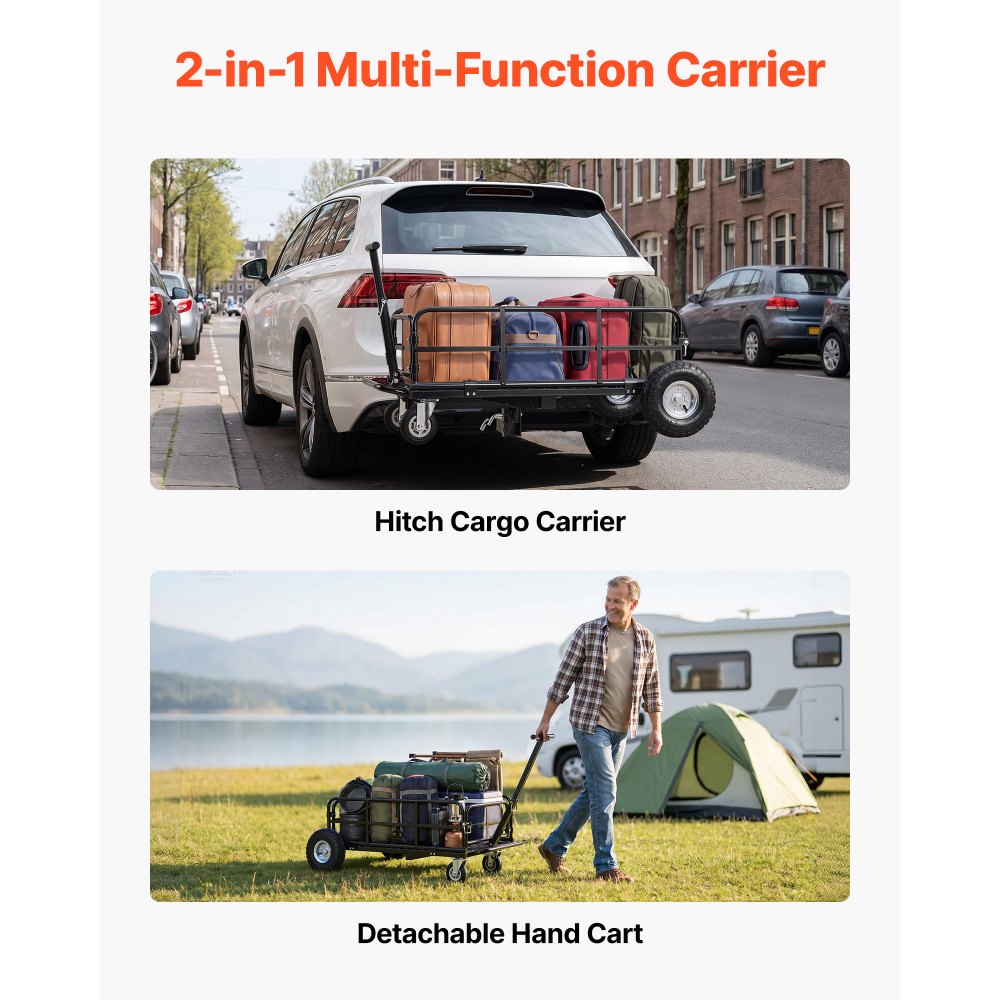 VEVOR Hitch Mount Cargo Carrier on Wheels, 920 x 541 x 300 mm, 2-in-1 Folding Rear Luggage Rack Basket & Cargo Cart with Hitch Stabilizer, Fits 2" Receiver for SUV Pickups, 181KG Load Capacity