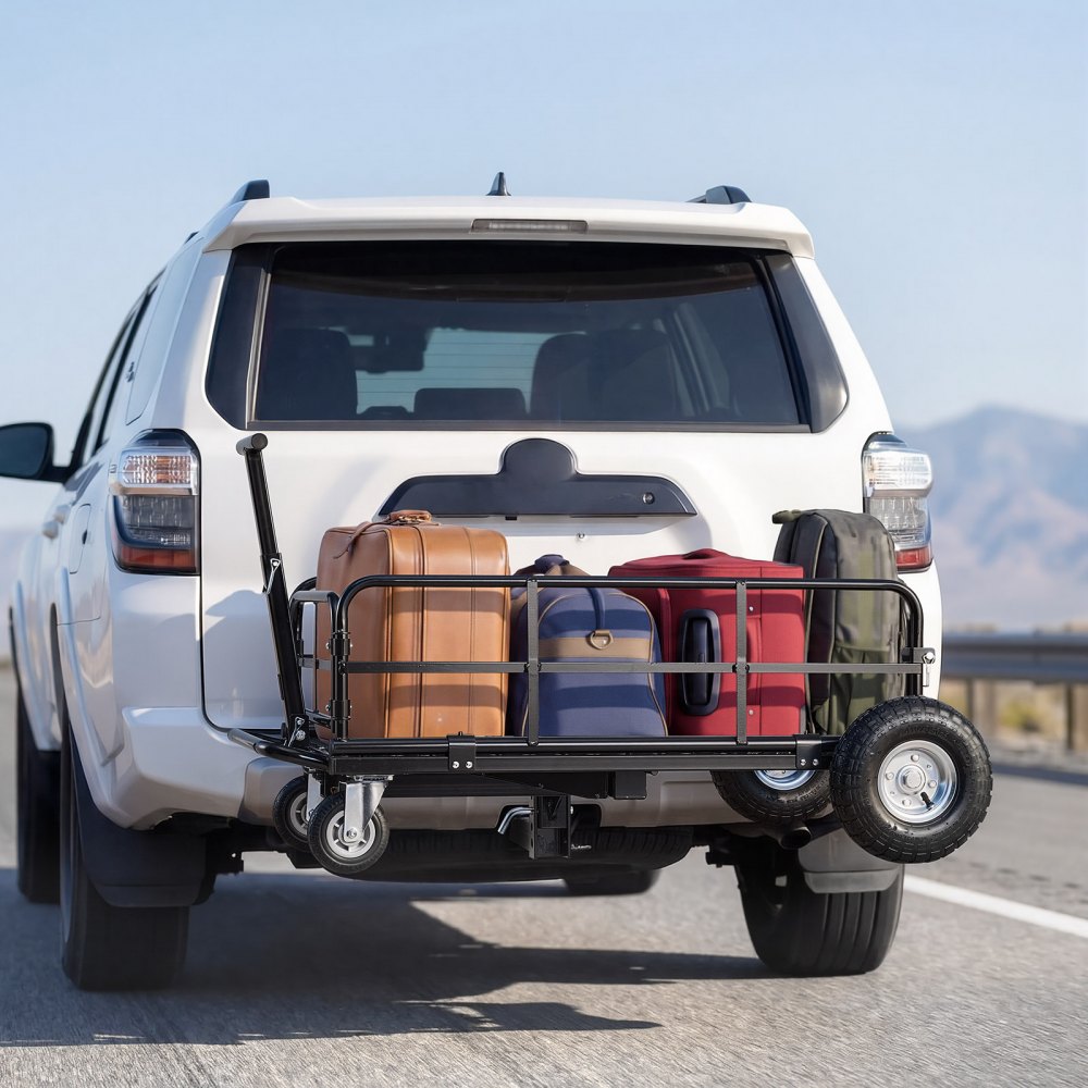 VEVOR Hitch Mount Cargo Carrier on Wheels, 920 x 541 x 300 mm, 2-in-1 Folding Rear Luggage Rack Basket & Cargo Cart with Hitch Stabilizer, Fits 2" Receiver for SUV Pickups, 181KG Load Capacity