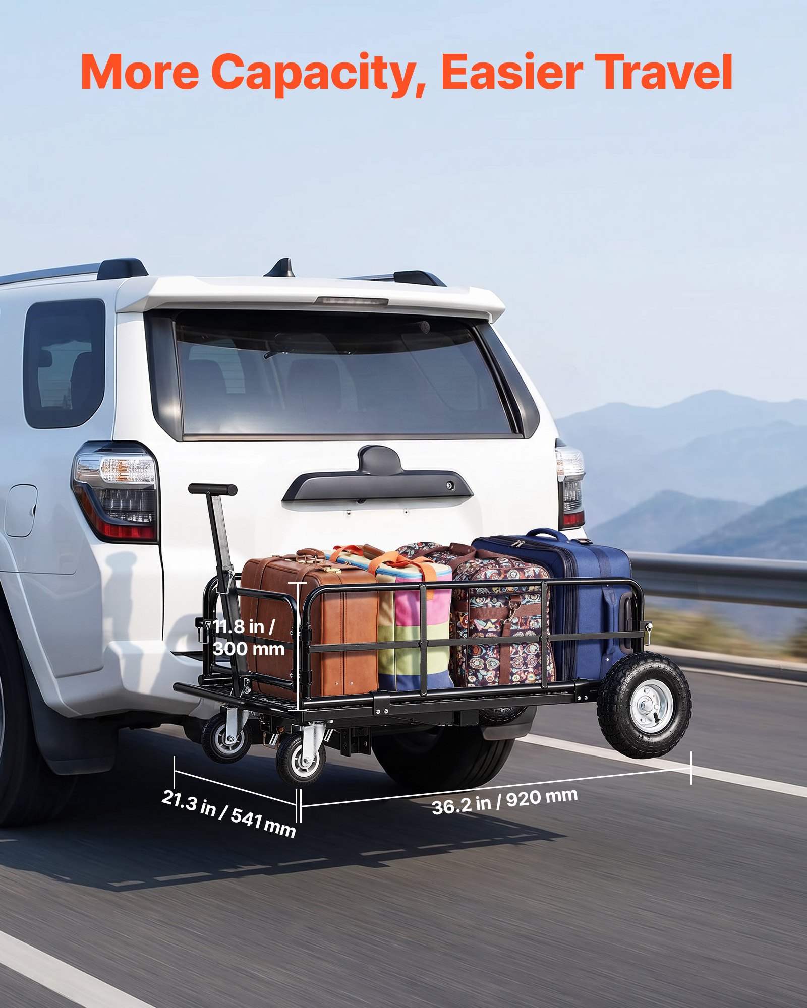 VEVOR Hitch Mount Cargo Carrier on Wheels, 920 x 541 x 300 mm, 2-in-1 Folding Rear Luggage Rack Basket & Cargo Cart with Hitch Stabilizer, Fits 2" Receiver for SUV Pickups, 181KG Load Capacity