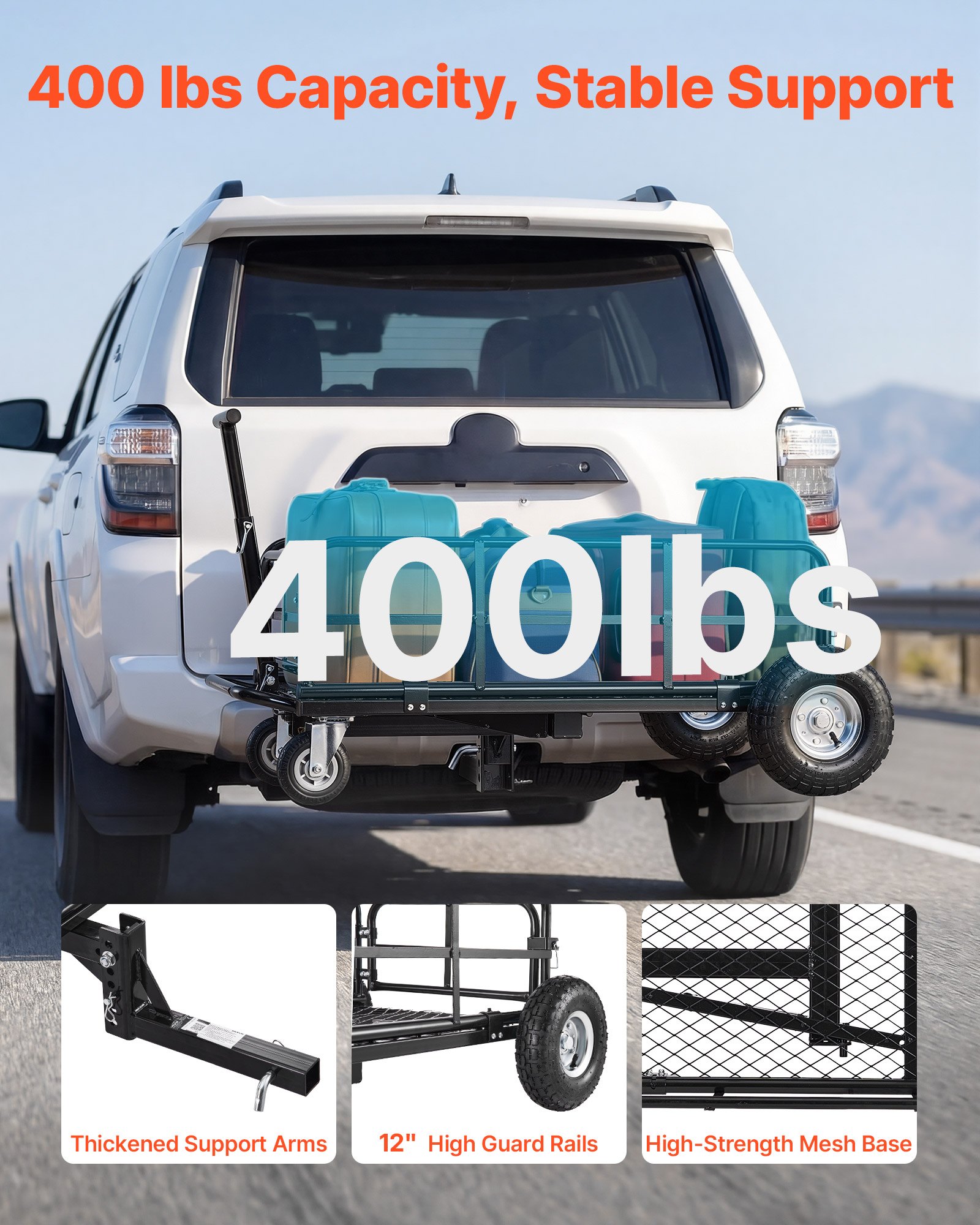 VEVOR Hitch Mount Cargo Carrier on Wheels, 920 x 541 x 300 mm, 2-in-1 Folding Rear Luggage Rack Basket & Cargo Cart with Hitch Stabilizer, Fits 2" Receiver for SUV Pickups, 181KG Load Capacity