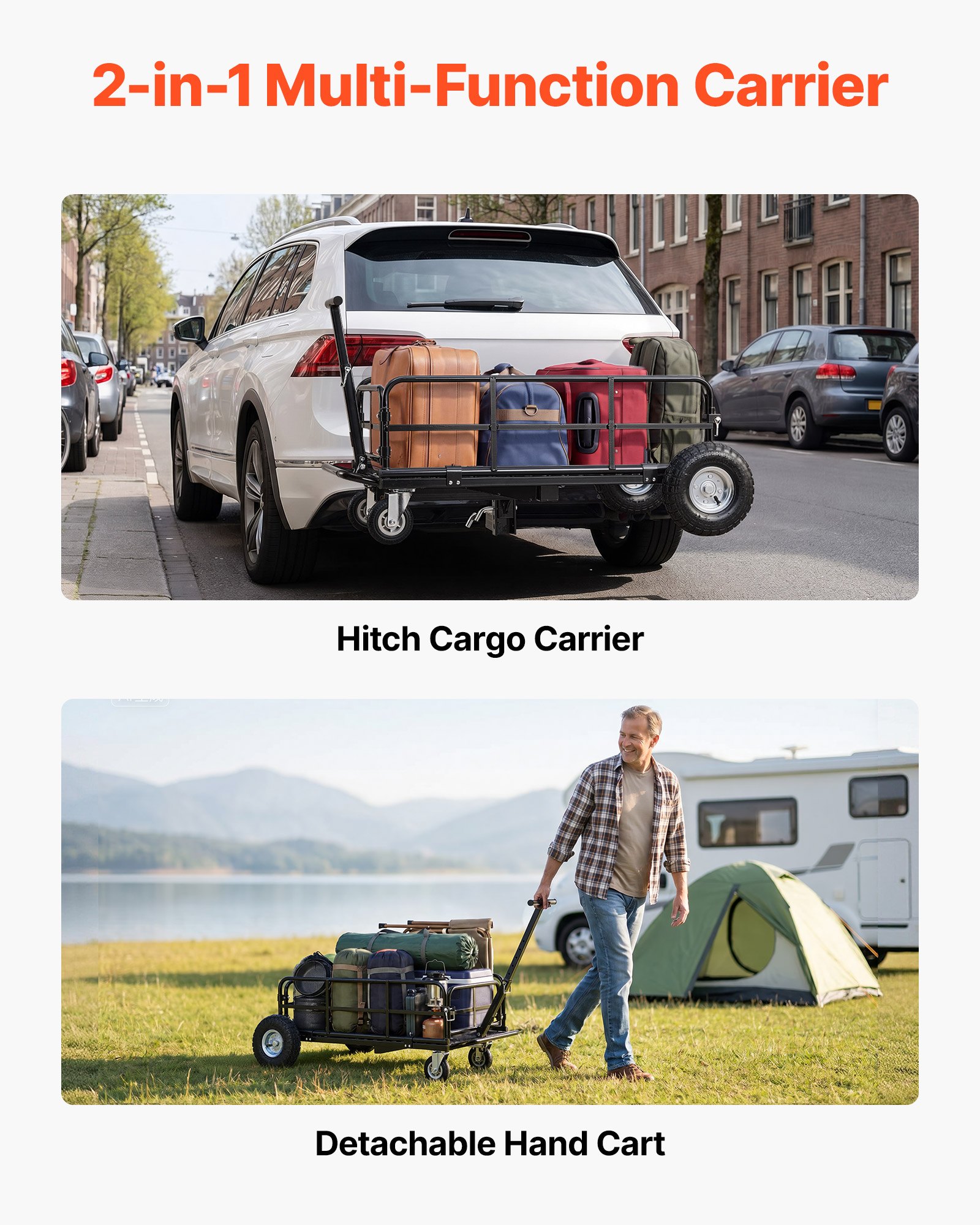 VEVOR Hitch Mount Cargo Carrier on Wheels, 920 x 541 x 300 mm, 2-in-1 Folding Rear Luggage Rack Basket & Cargo Cart with Hitch Stabilizer, Fits 2" Receiver for SUV Pickups, 181KG Load Capacity
