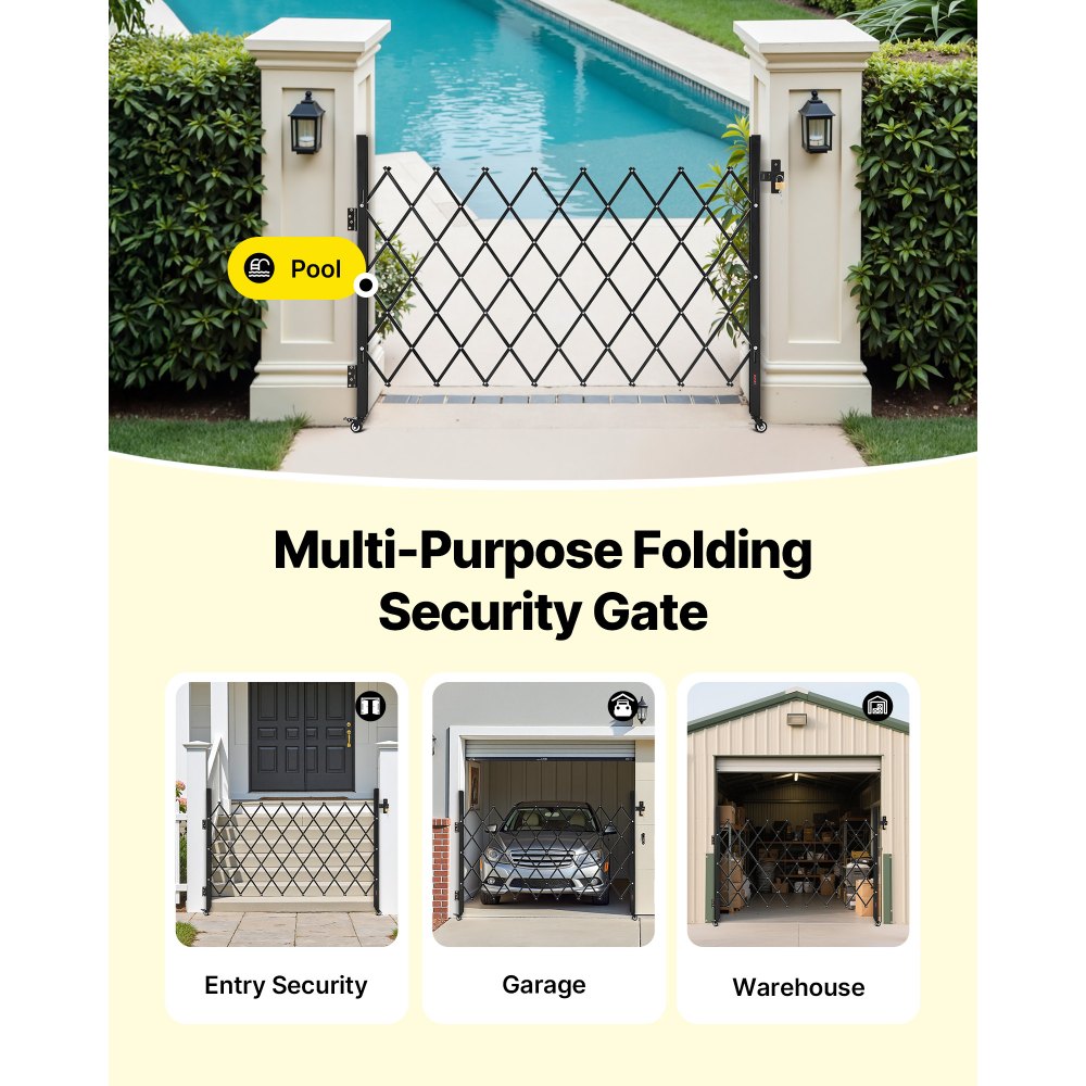VEVOR Single Folding Security Gate, Lockable Scissor Gate with 360° Swivel Casters, Outdoor Barricade Steel Retractable Gates, for Entry Security, Garage, Warehouse & Pool, 66.93 x 51.57 in (W x H)