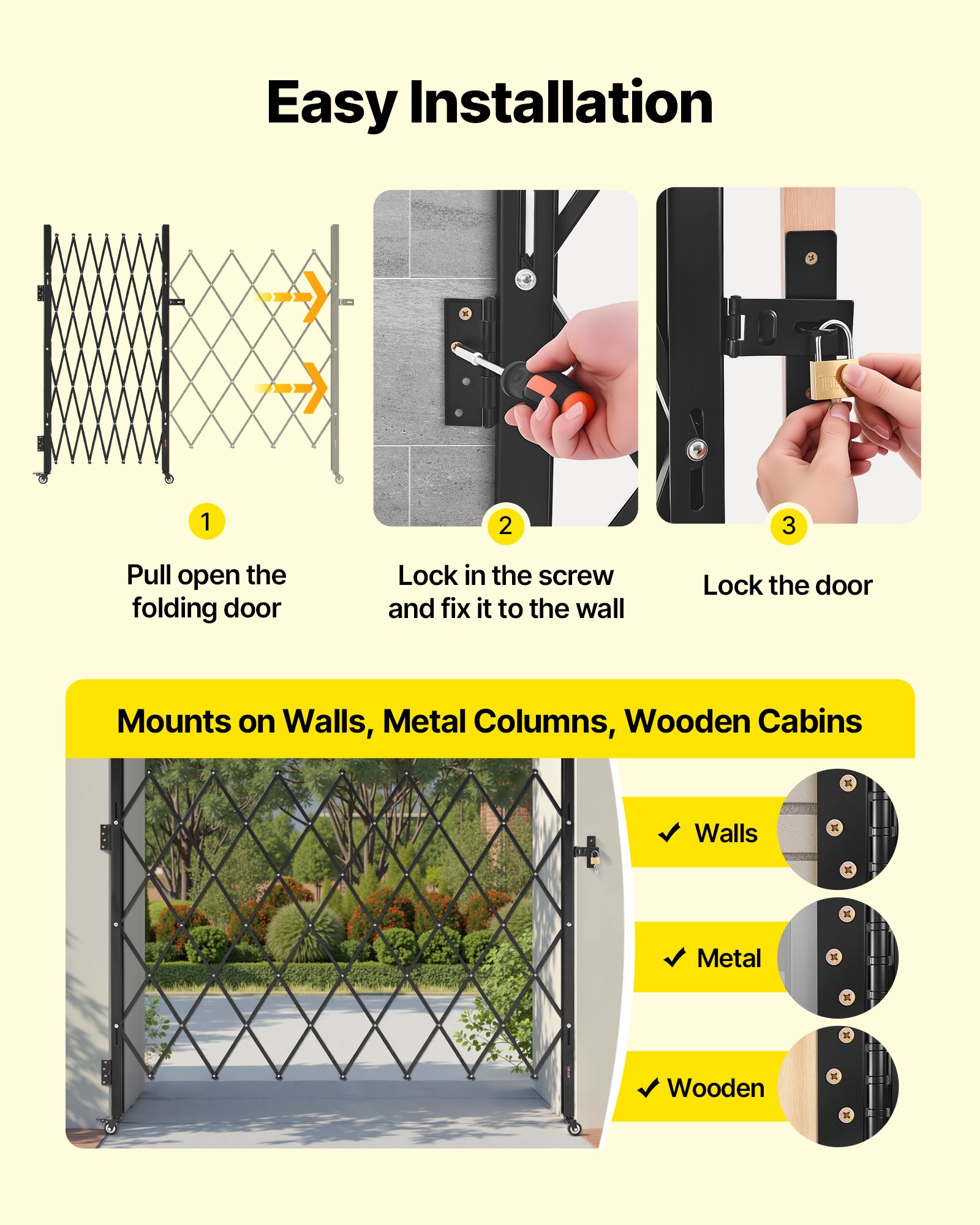 VEVOR Single Folding Security Gate, Lockable Scissor Gate with 360° Swivel Casters, Outdoor Barricade Steel Retractable Gates, for Entry Security, Garage, Warehouse & Pool, 70.87 x 63.39 in (W x H)