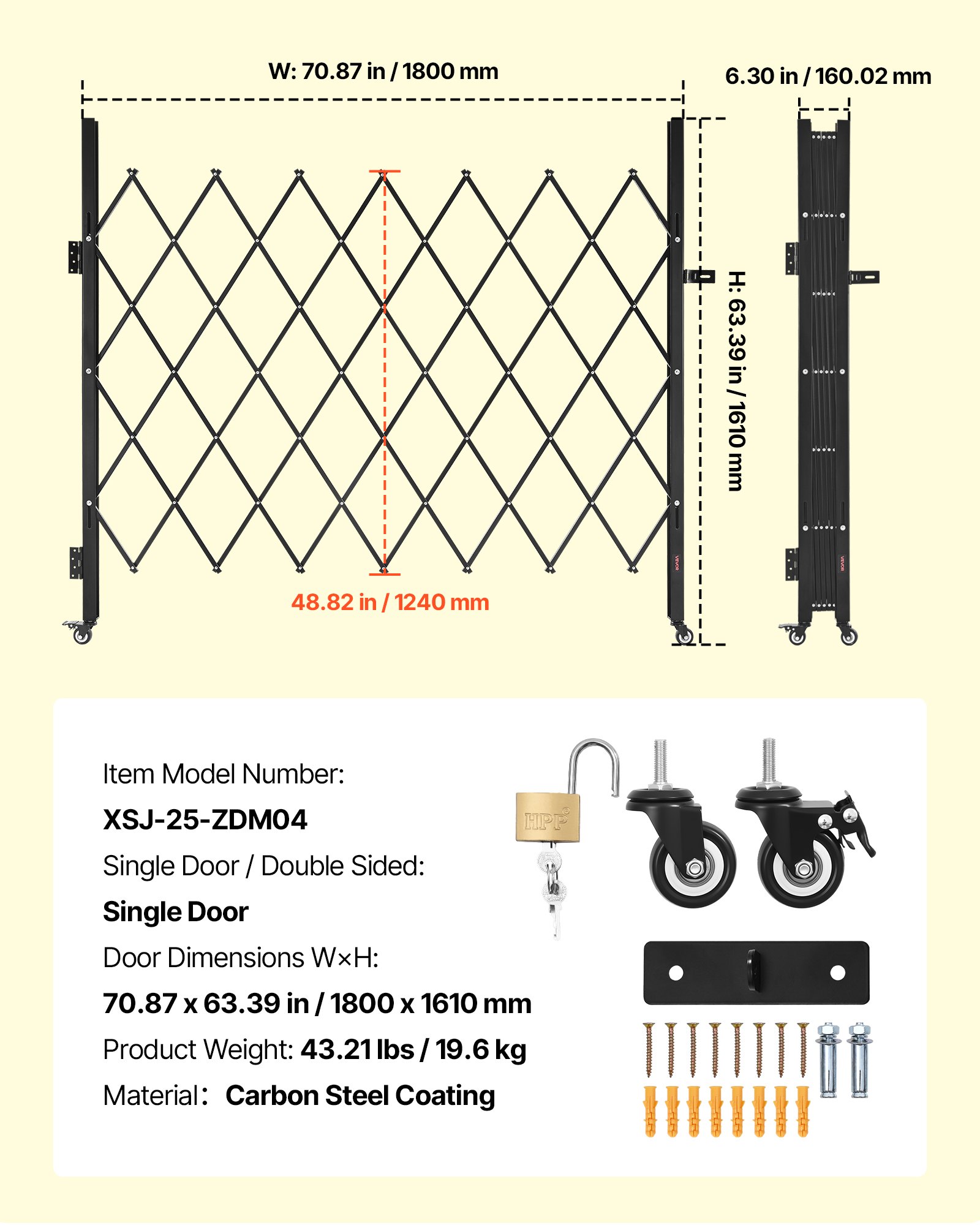 VEVOR Single Folding Security Gate, Lockable Scissor Gate with 360° Swivel Casters, Outdoor Barricade Steel Retractable Gates, for Entry Security, Garage, Warehouse & Pool, 70.87 x 63.39 in (W x H)