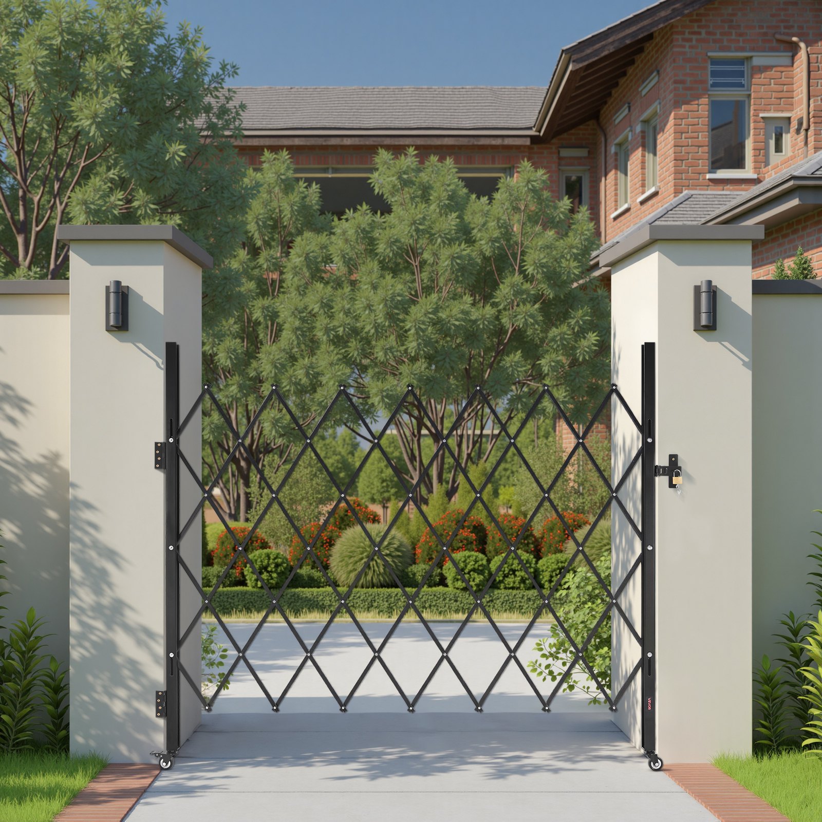 VEVOR Single Folding Security Gate, Lockable Scissor Gate with 360° Swivel Casters, Outdoor Barricade Steel Retractable Gates, for Entry Security, Garage, Warehouse & Pool, 70.87 x 63.39 in (W x H)