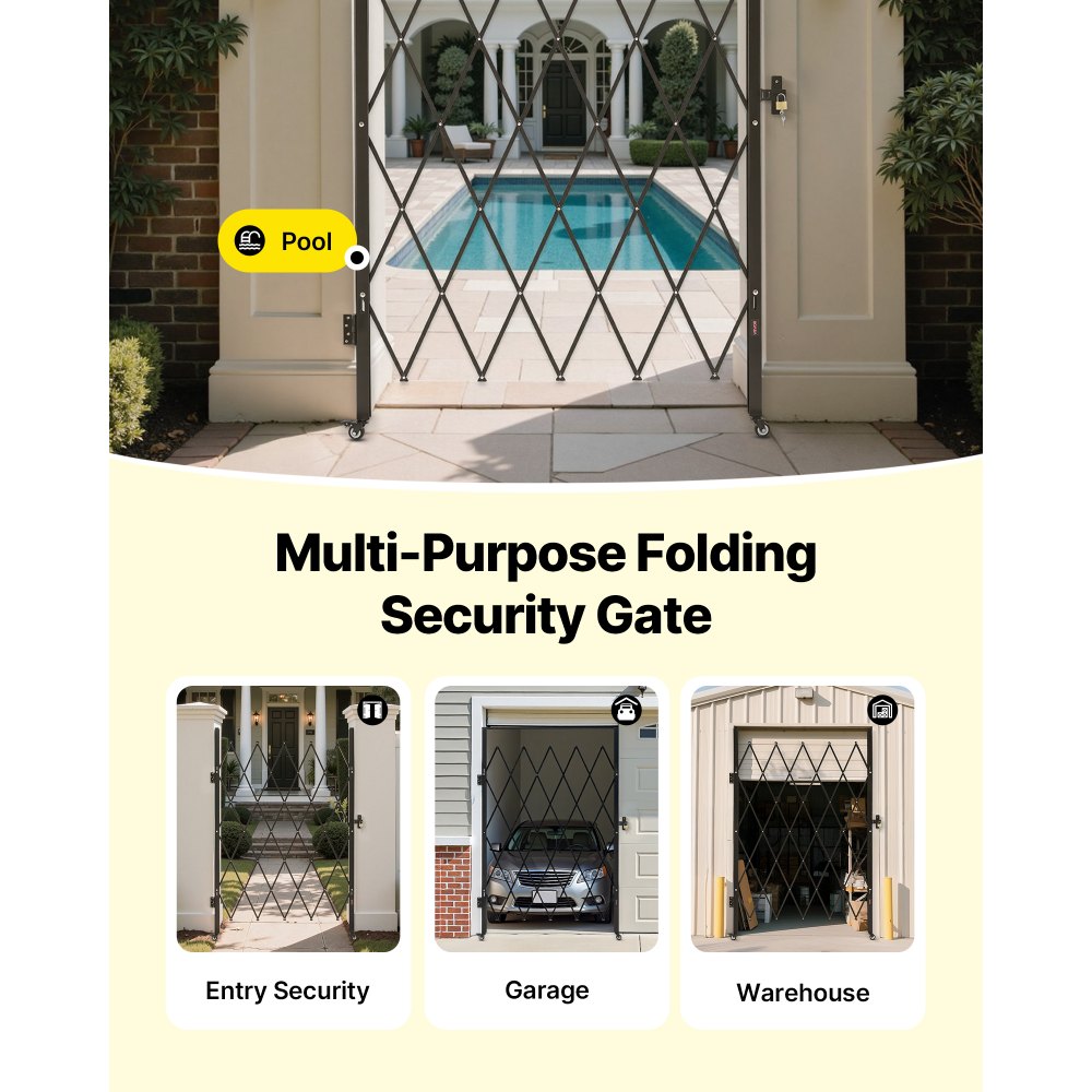 VEVOR Single Folding Security Gate, Lockable Scissor Gate with 360° Swivel Casters, Outdoor Barricade Steel Retractable Gates, for Entry Security, Garage, Warehouse & Pool, 126 × 197.5 cm (W × H)