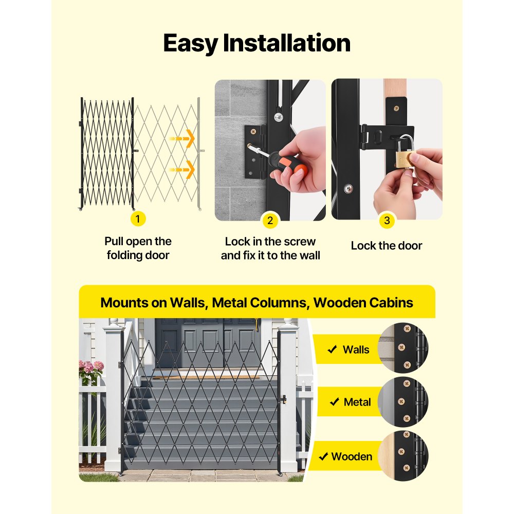 VEVOR Single Folding Security Gate, Lockable Scissor Gate with 360° Swivel Casters, Outdoor Barricade Steel Retractable Gates, for Entry Security, Garage, Warehouse & Pool, 2200 x 2205 mm (W x H)