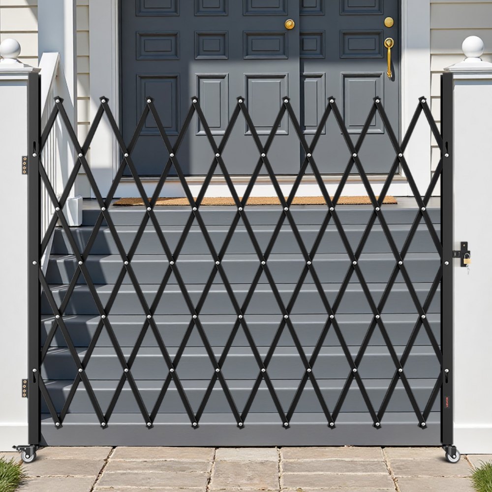 VEVOR Single Folding Security Gate, Lockable Scissor Gate with 360° Swivel Casters, Outdoor Barricade Steel Retractable Gates, for Entry Security, Garage, Warehouse & Pool, 2200 x 2205 mm (W x H)