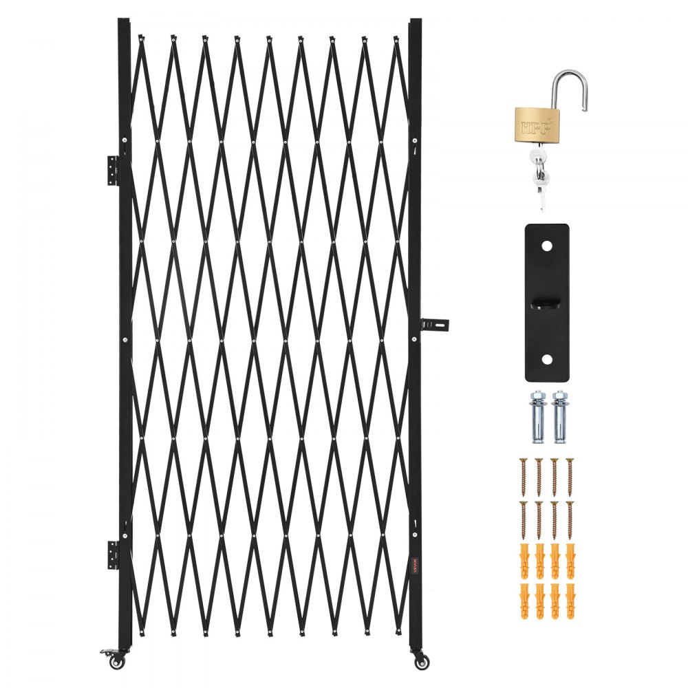 VEVOR Single Folding Security Gate, Lockable Scissor Gate with 360° Swivel Casters, Outdoor Barricade Steel Retractable Gates, for Entry Security, Garage, Warehouse & Pool, 2200 x 2205 mm (W x H)