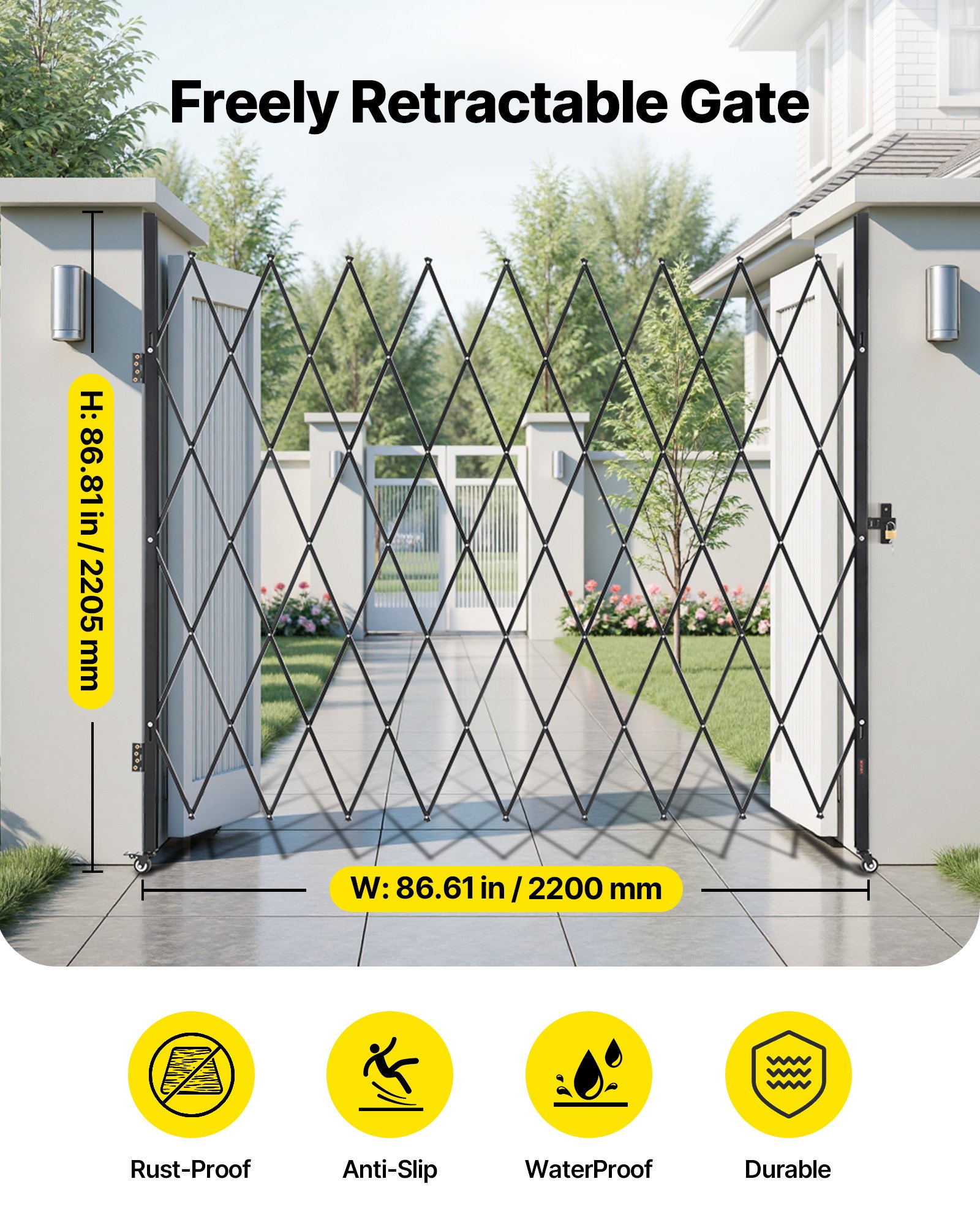 VEVOR Single Folding Security Gate, Lockable Scissor Gate with 360° Swivel Casters, Outdoor Barricade Steel Retractable Gates, for Entry Security, Garage, Warehouse & Pool, 2200 x 2205 mm (W x H)