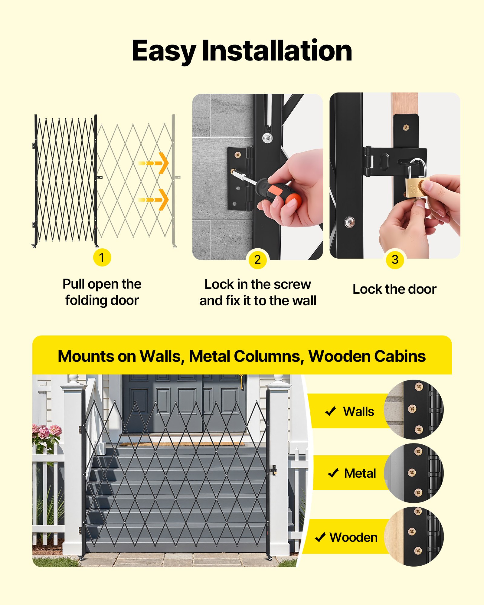 VEVOR Single Folding Security Gate, Lockable Scissor Gate with 360° Swivel Casters, Outdoor Barricade Steel Retractable Gates, for Entry Security, Garage, Warehouse & Pool, 2200 x 2205 mm (W x H)