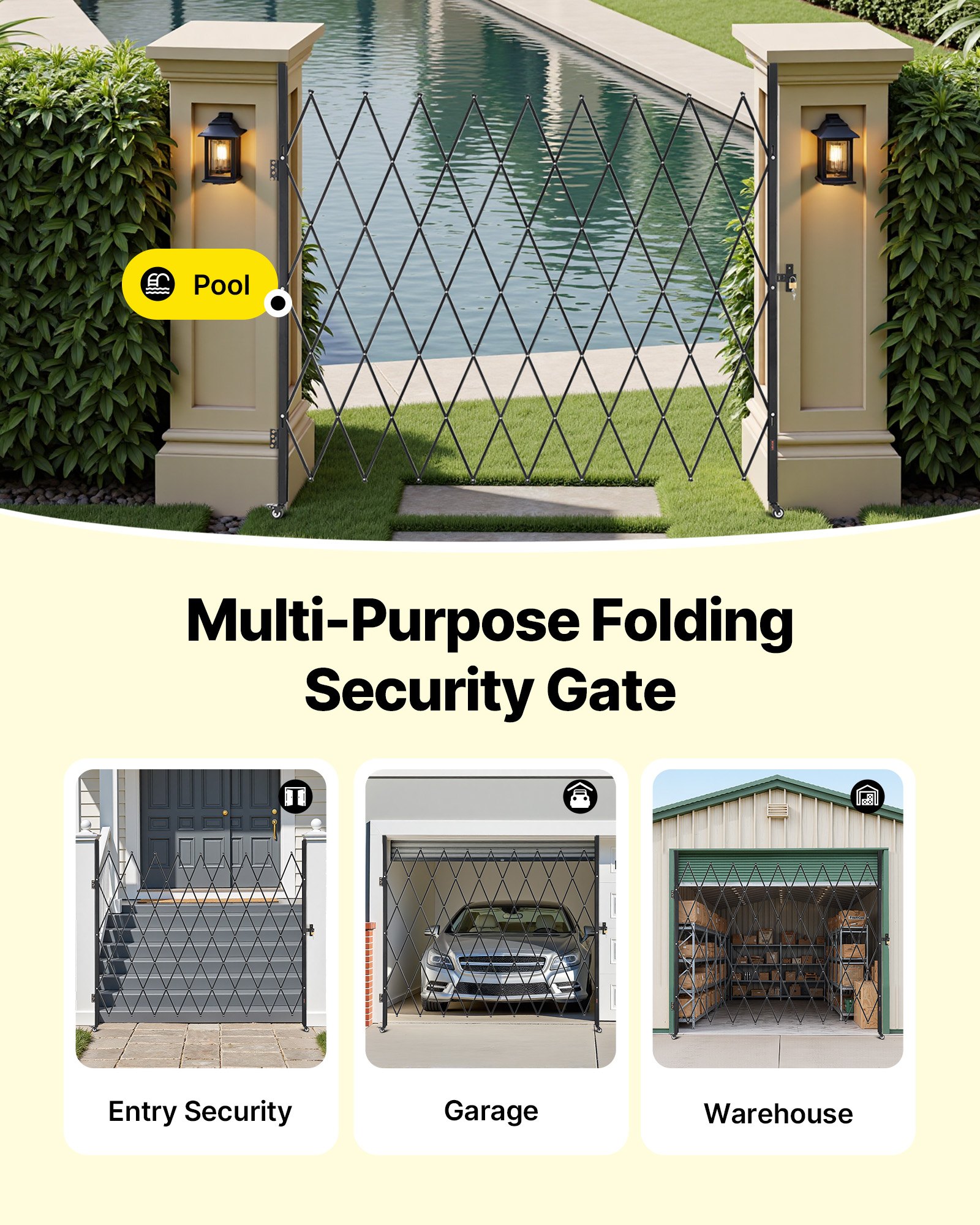 VEVOR Single Folding Security Gate, Lockable Scissor Gate with 360° Swivel Casters, Outdoor Barricade Steel Retractable Gates, for Entry Security, Garage, Warehouse & Pool, 2200 x 2205 mm (W x H)