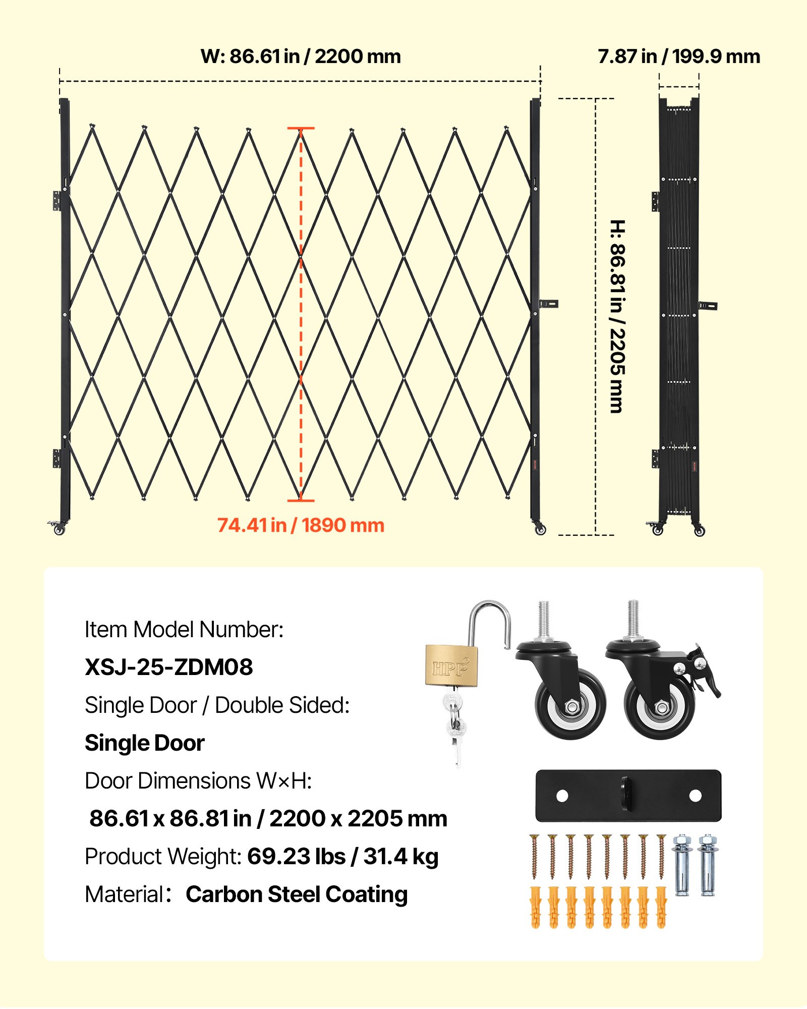 VEVOR Single Folding Security Gate, Lockable Scissor Gate with 360° Swivel Casters, Outdoor Barricade Steel Retractable Gates, for Entry Security, Garage, Warehouse & Pool, 2200 x 2205 mm (W x H)