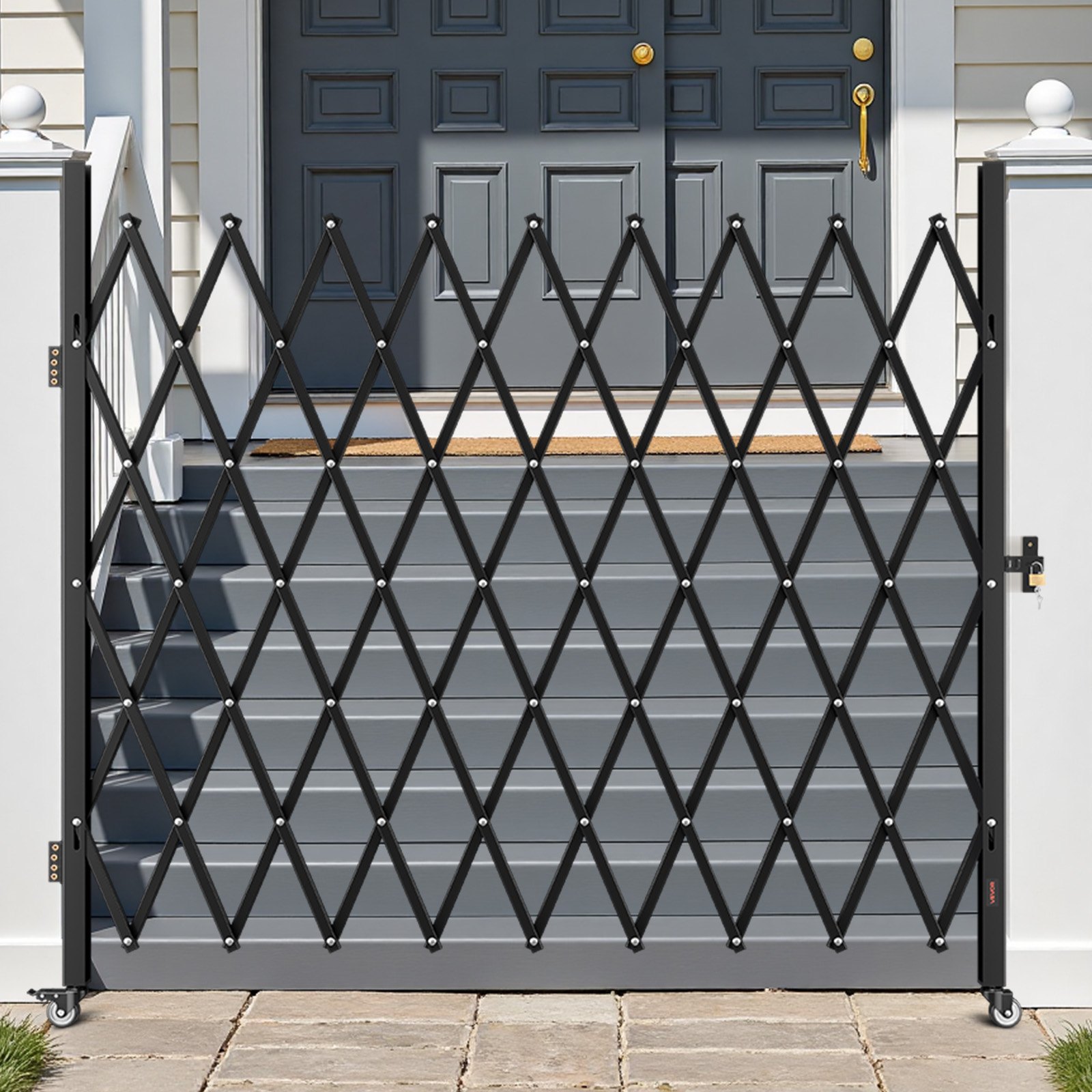 VEVOR Single Folding Security Gate, Lockable Scissor Gate with 360° Swivel Casters, Outdoor Barricade Steel Retractable Gates, for Entry Security, Garage, Warehouse & Pool, 2200 x 2205 mm (W x H)