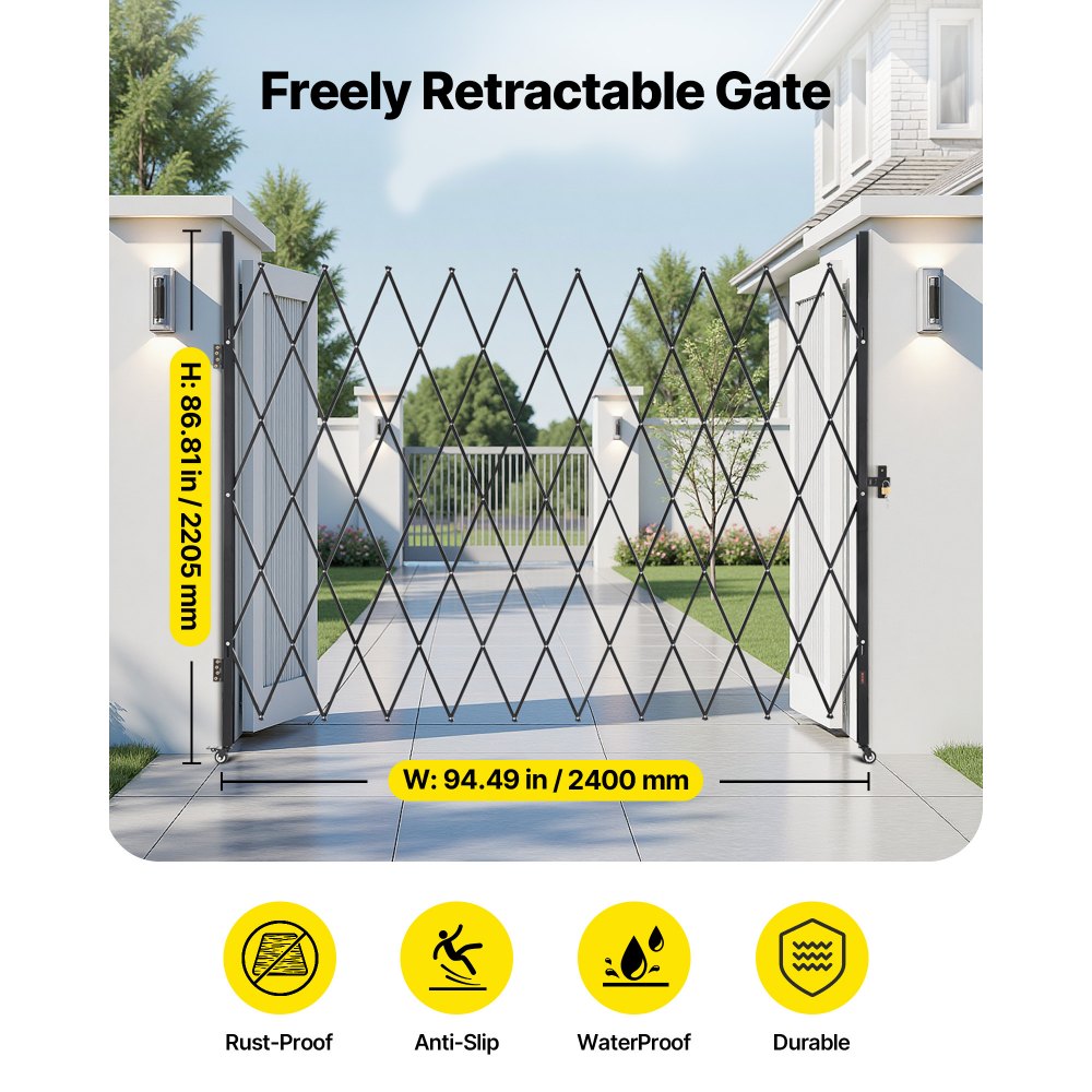VEVOR Single Folding Security Gate, Lockable Scissor Gate with 360° Swivel Casters, Outdoor Barricade Steel Retractable Gates, for Entry Security, Garage, Warehouse & Pool, 2400 x 2205 mm (W x H)