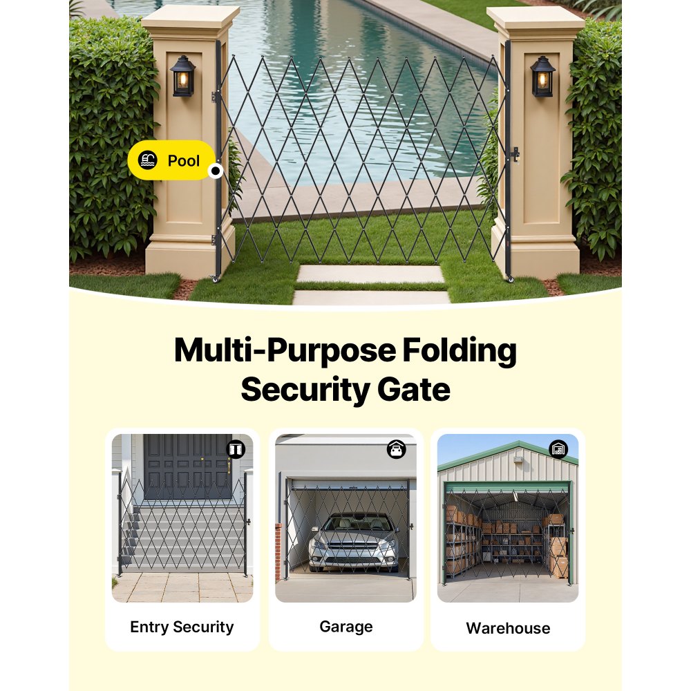 VEVOR Single Folding Security Gate, Lockable Scissor Gate with 360° Swivel Casters, Outdoor Barricade Steel Retractable Gates, for Entry Security, Garage, Warehouse & Pool, 2400 x 2205 mm (W x H)