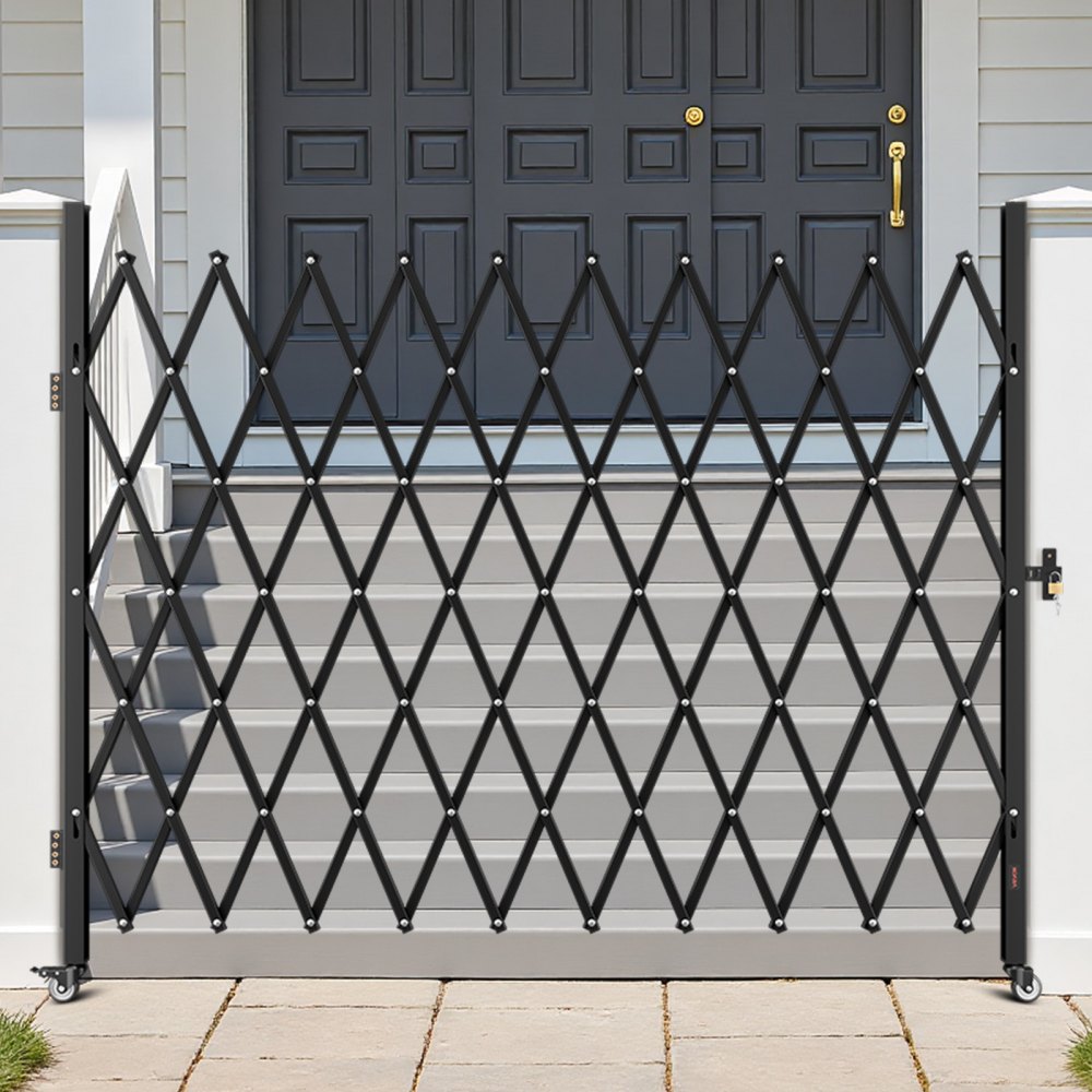 VEVOR Single Folding Security Gate, Lockable Scissor Gate with 360° Swivel Casters, Outdoor Barricade Steel Retractable Gates, for Entry Security, Garage, Warehouse & Pool, 2400 x 2205 mm (W x H)
