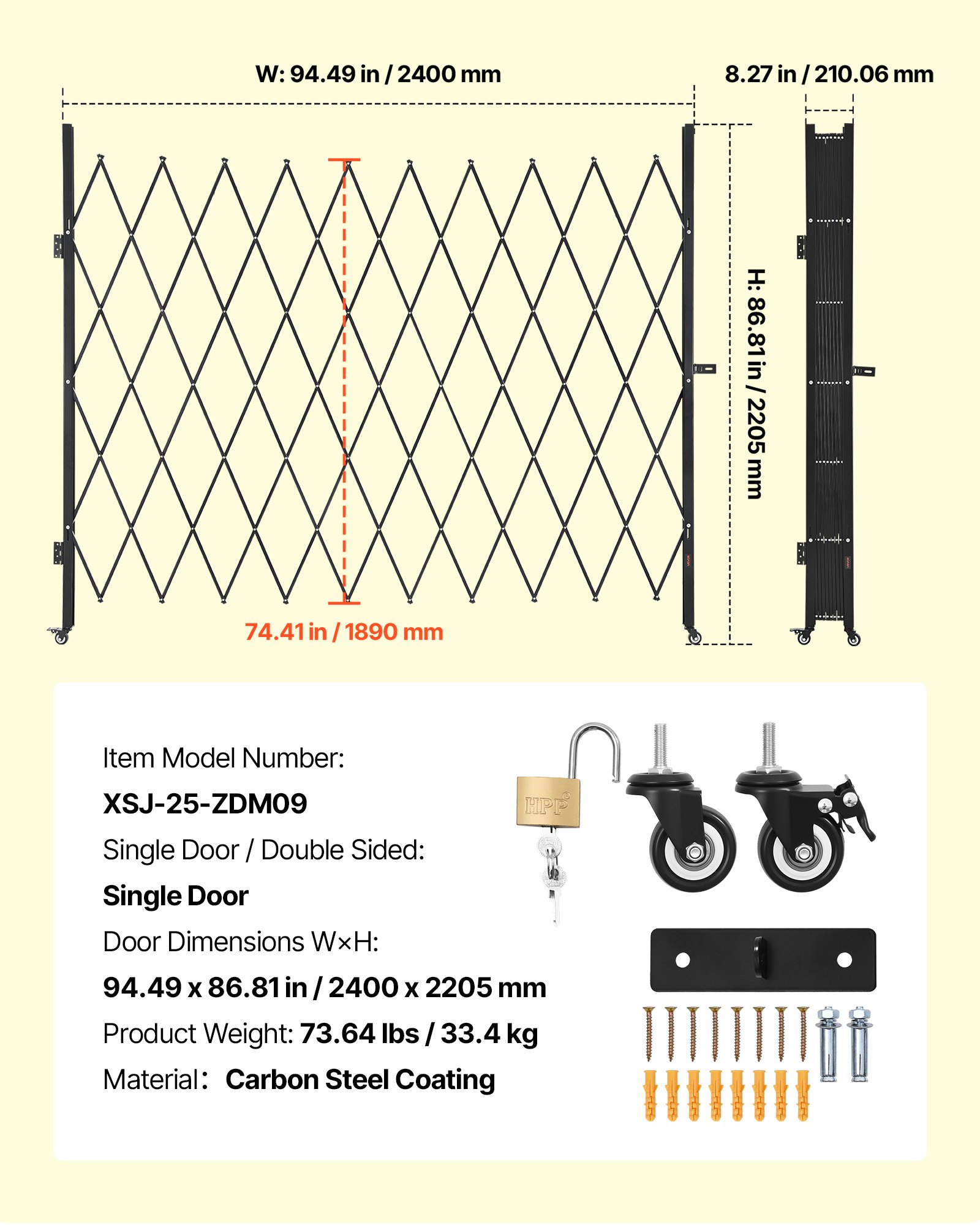 VEVOR Single Folding Security Gate, Lockable Scissor Gate with 360° Swivel Casters, Outdoor Barricade Steel Retractable Gates, for Entry Security, Garage, Warehouse & Pool, 2400 x 2205 mm (W x H)
