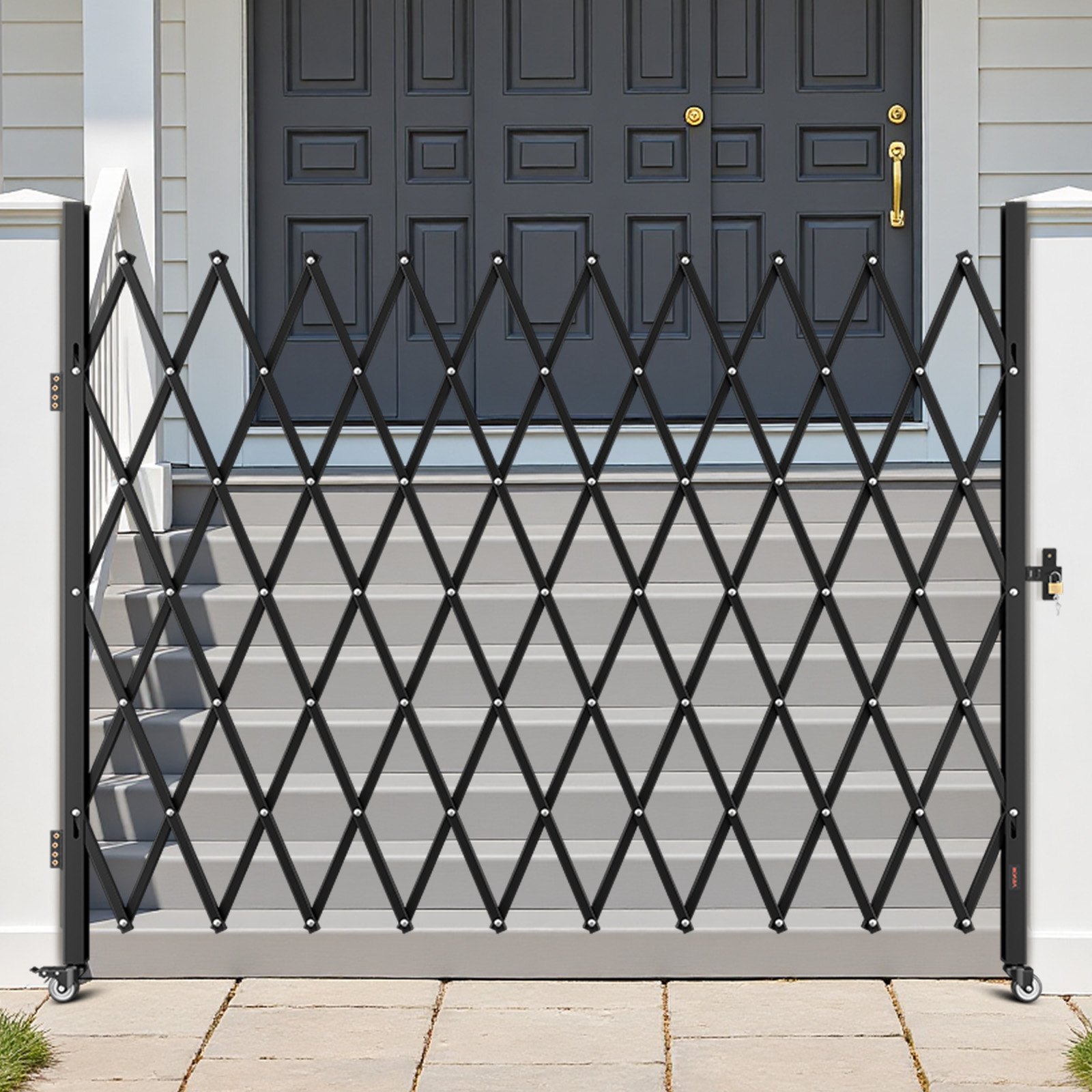 VEVOR Single Folding Security Gate, Lockable Scissor Gate with 360° Swivel Casters, Outdoor Barricade Steel Retractable Gates, for Entry Security, Garage, Warehouse & Pool, 2400 x 2205 mm (W x H)