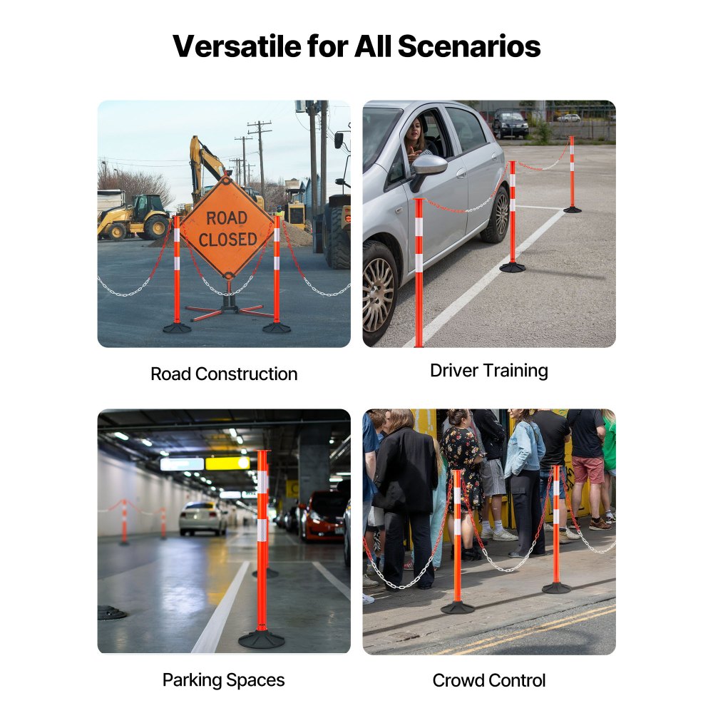 VEVOR 3 Pack Traffic Delineator Posts, 871 mm Traffic Safety Cones with Weighted Base, Reflective Strips and Chain, Heavy Duty Delineator Posts for Construction Site, Parking Lot, Crowd Control, Red