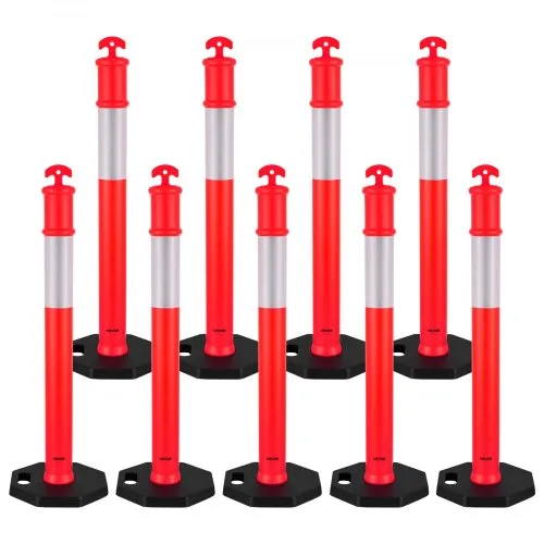 VEVOR 9 Pack Traffic Delineator Posts, 48 inches Traffic Safety Cones with Weighted Base and Reflective Strips, Heavy Duty Delineator Posts for Construction Site, Parking Lot, Crowd Control, Red