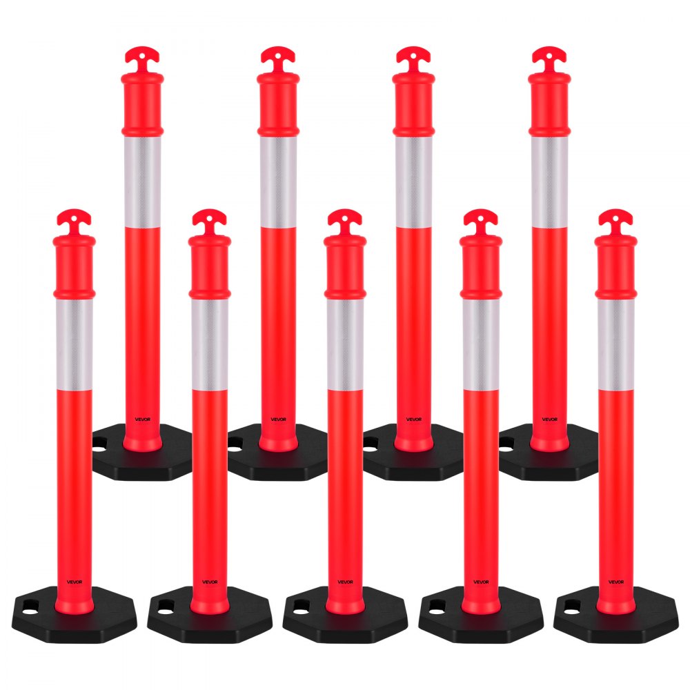 VEVOR 9 Pack Traffic Delineator Posts, 1140 mm Traffic Safety Cones with Weighted Base and Reflective Strips, Heavy Duty Delineator Posts for Construction Site, Parking Lot, Crowd Control, Red