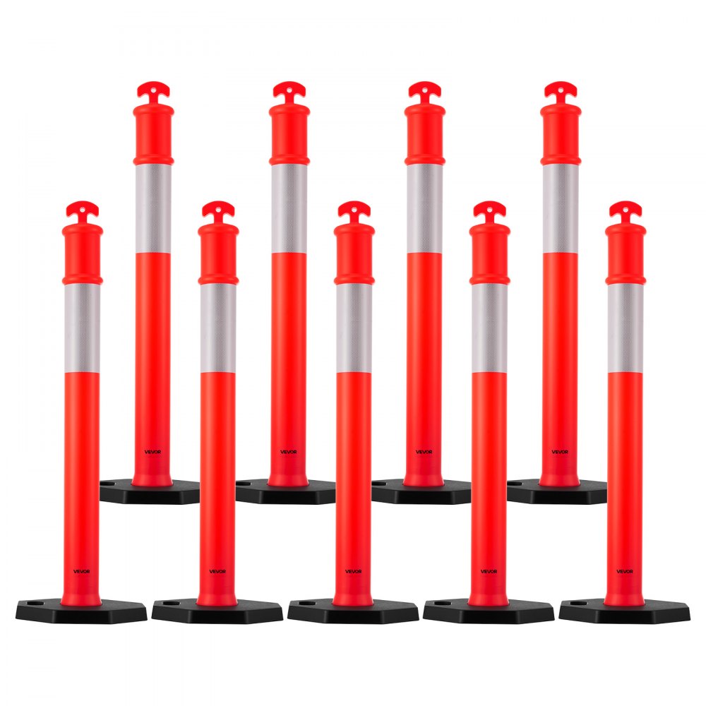 VEVOR 9 Pack Traffic Delineator Posts, 1140 mm Traffic Safety Cones with Weighted Base and Reflective Strips, Heavy Duty Delineator Posts for Construction Site, Parking Lot, Crowd Control, Red