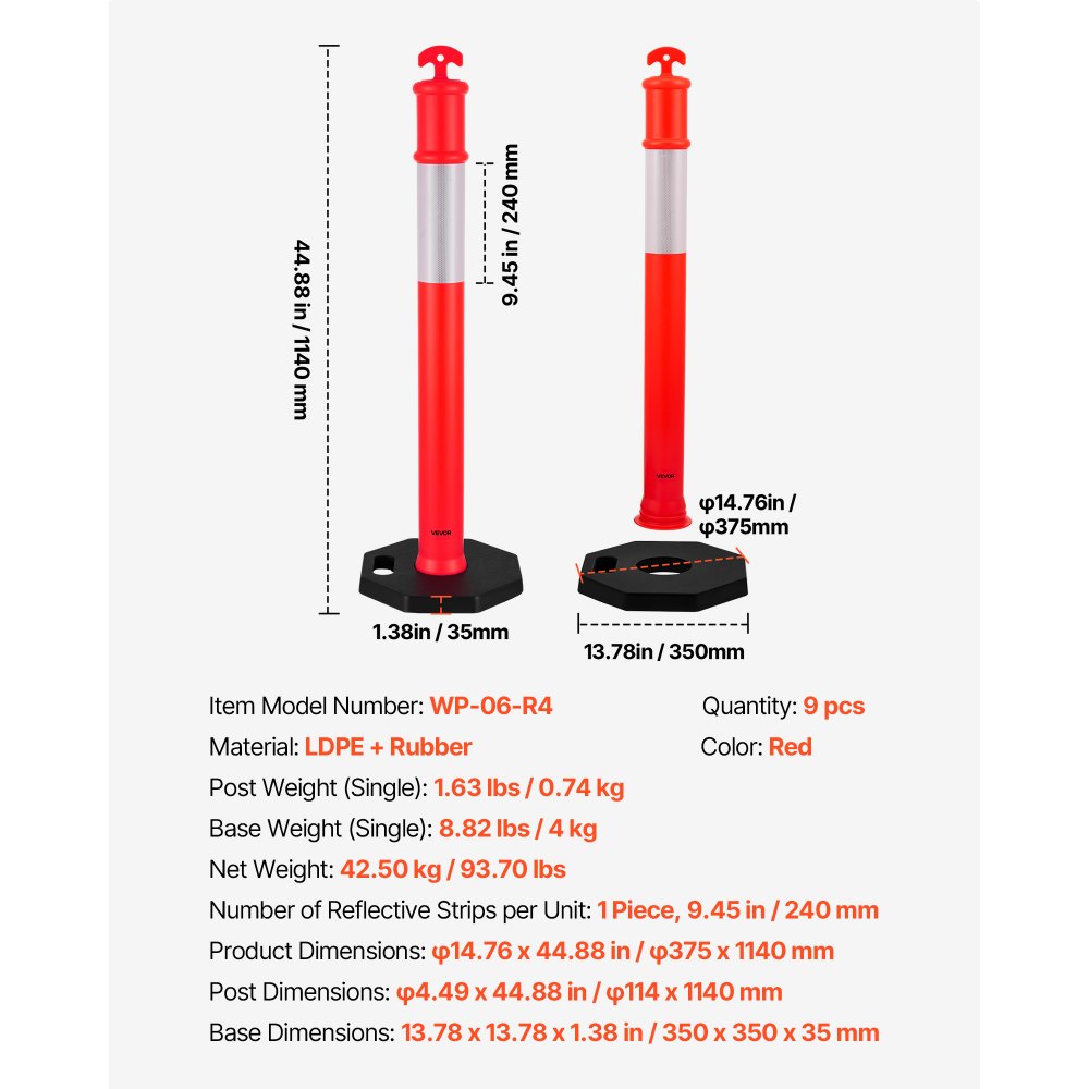 VEVOR 9 Pack Traffic Delineator Posts, 1140 mm Traffic Safety Cones with Weighted Base and Reflective Strips, Heavy Duty Delineator Posts for Construction Site, Parking Lot, Crowd Control, Red