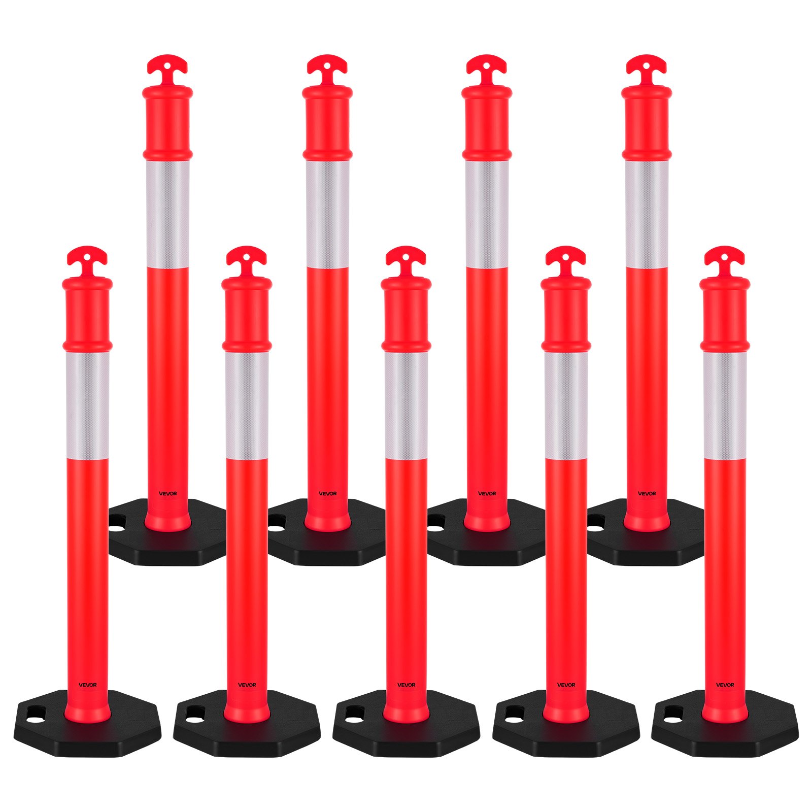 VEVOR 9 Pack Traffic Delineator Posts, 1140 mm Traffic Safety Cones with Weighted Base and Reflective Strips, Heavy Duty Delineator Posts for Construction Site, Parking Lot, Crowd Control, Red