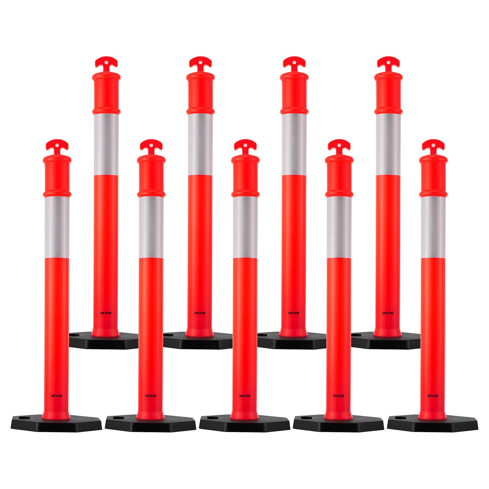 VEVOR 9 Pack Traffic Delineator Posts, 1140 mm Traffic Safety Cones with Weighted Base and Reflective Strips, Heavy Duty Delineator Posts for Construction Site, Parking Lot, Crowd Control, Red
