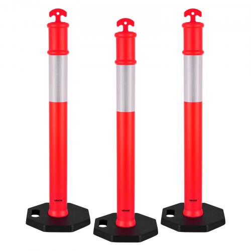 VEVOR 3 Pack Traffic Delineator Posts, 1140 mm Traffic Safety Cones with Weighted Base and Reflective Strips, Heavy Duty Delineator Posts for Construction Site, Parking Lot, Crowd Control, Red