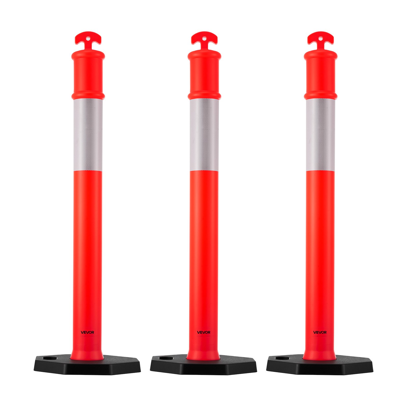 VEVOR 3 Pack Traffic Delineator Posts, 1140 mm Traffic Safety Cones with Weighted Base and Reflective Strips, Heavy Duty Delineator Posts for Construction Site, Parking Lot, Crowd Control, Red