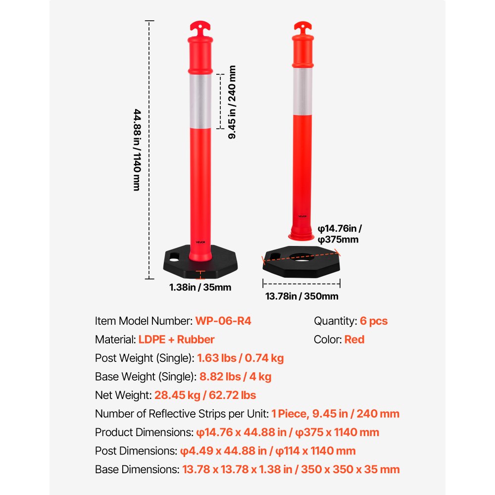 VEVOR 6 Pack Traffic Delineator Posts, 1140 mm Traffic Safety Cones with Weighted Base and Reflective Strips, Heavy Duty Delineator Posts for Construction Site, Parking Lot, Crowd Control, Red