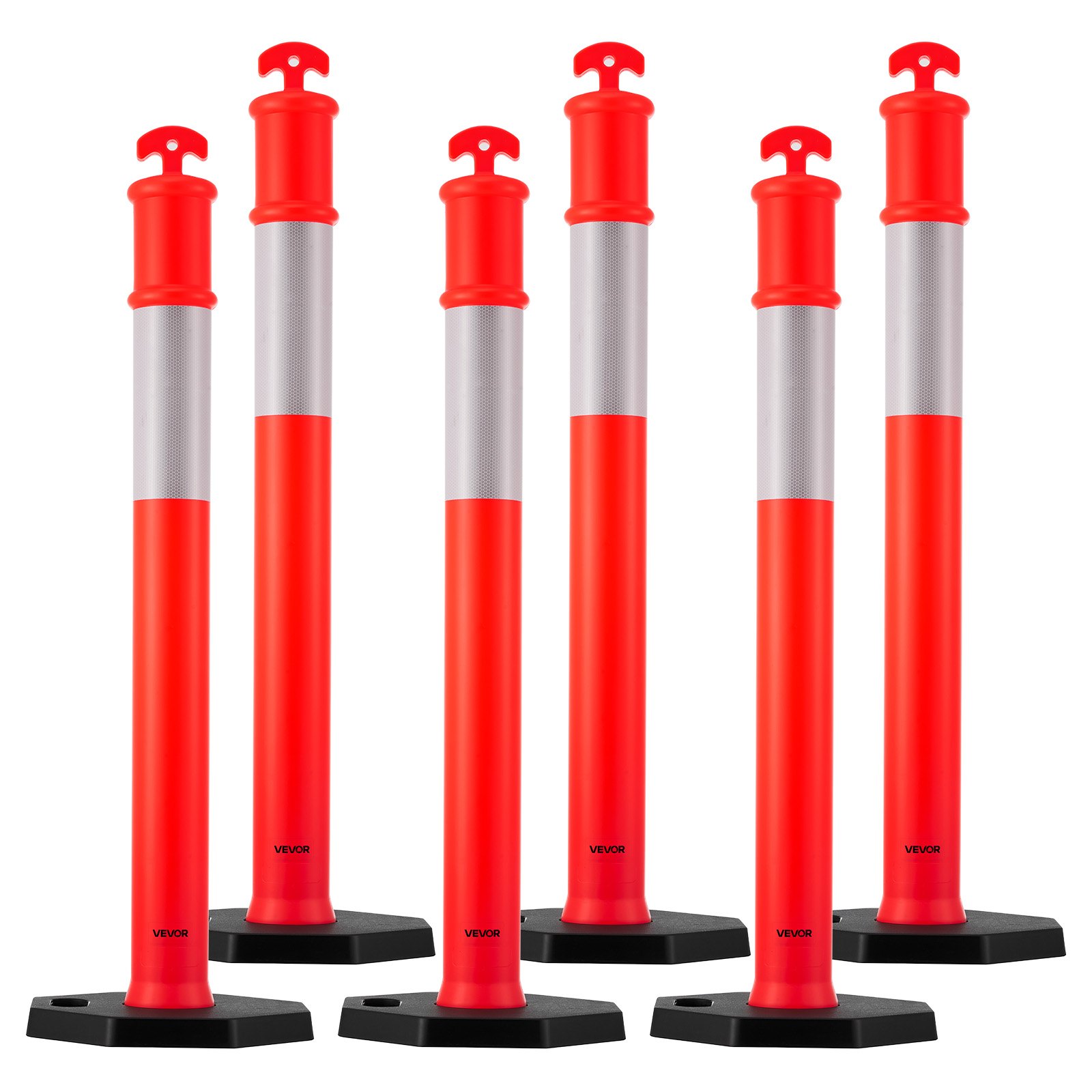 VEVOR 6 Pack Traffic Delineator Posts, 1140 mm Traffic Safety Cones with Weighted Base and Reflective Strips, Heavy Duty Delineator Posts for Construction Site, Parking Lot, Crowd Control, Red