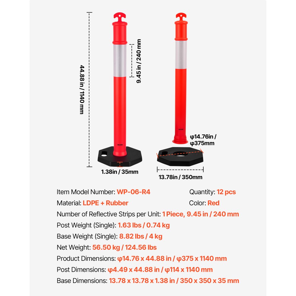 VEVOR 12 Pack Traffic Delineator Posts, 1140 mm Traffic Safety Cones with Weighted Base and Reflective Strips, Heavy Duty Delineator Posts for Construction Site, Parking Lot, Crowd Control, Red
