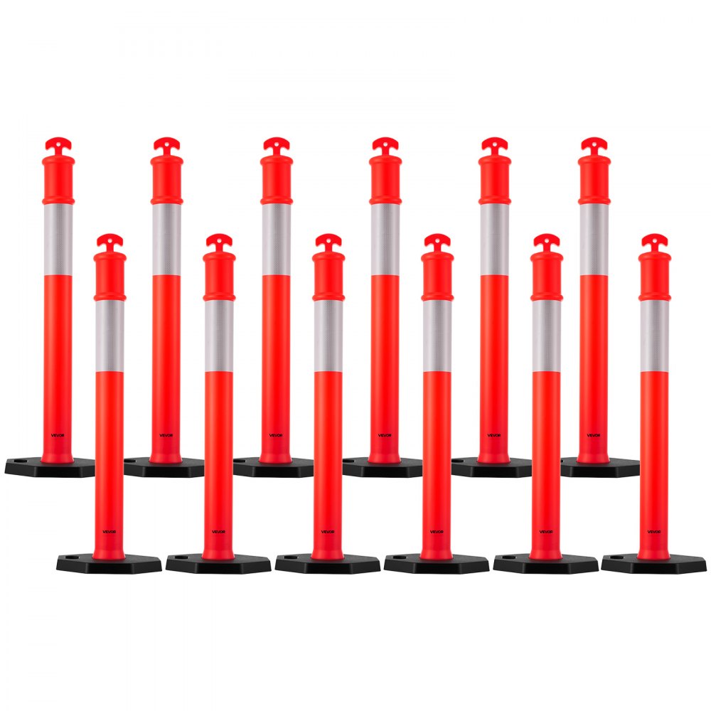 VEVOR 12 Pack Traffic Delineator Posts, 1140 mm Traffic Safety Cones with Weighted Base and Reflective Strips, Heavy Duty Delineator Posts for Construction Site, Parking Lot, Crowd Control, Red